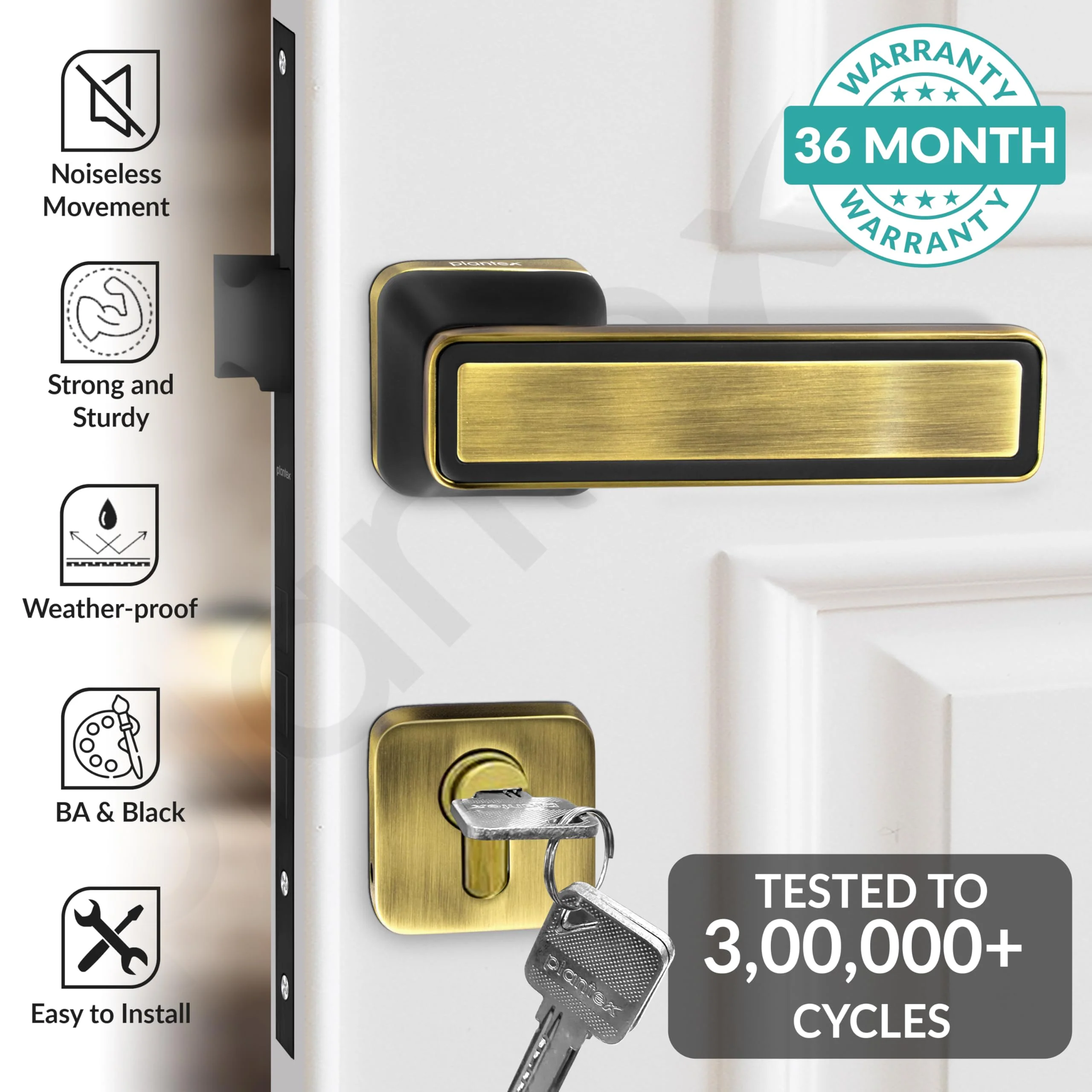 Plantex Door Lock for Home/Main Door Lock Set with 3 Computerized Key/Mortise Lock for Door with Brass Lockbody & Cylinder (SM026, Brass Antique & Black) - Image 2
