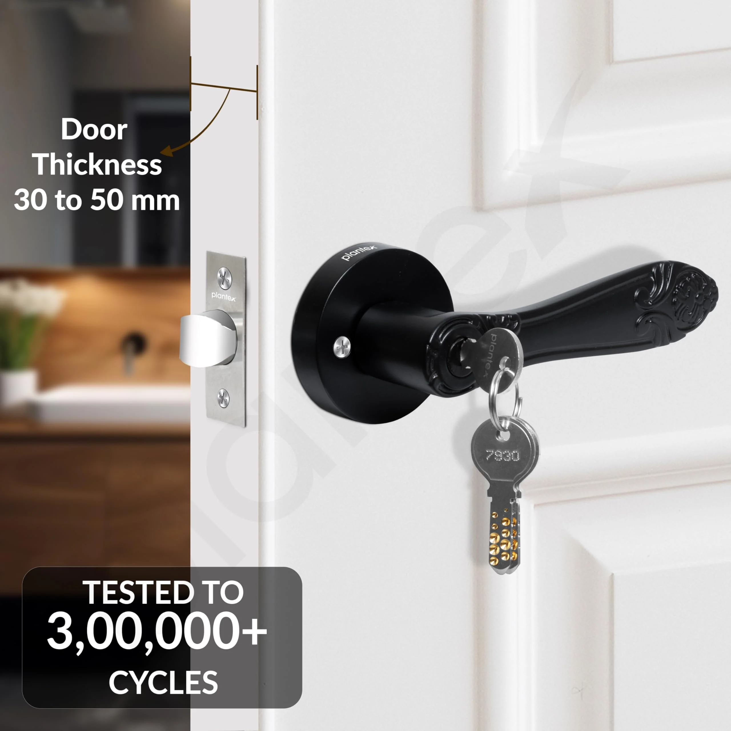 Plantex Door Lock for Main Door/Mortise Lock for Home/Door Handle Lock Set with 3 Computerise Keys - (Black) - Image 2