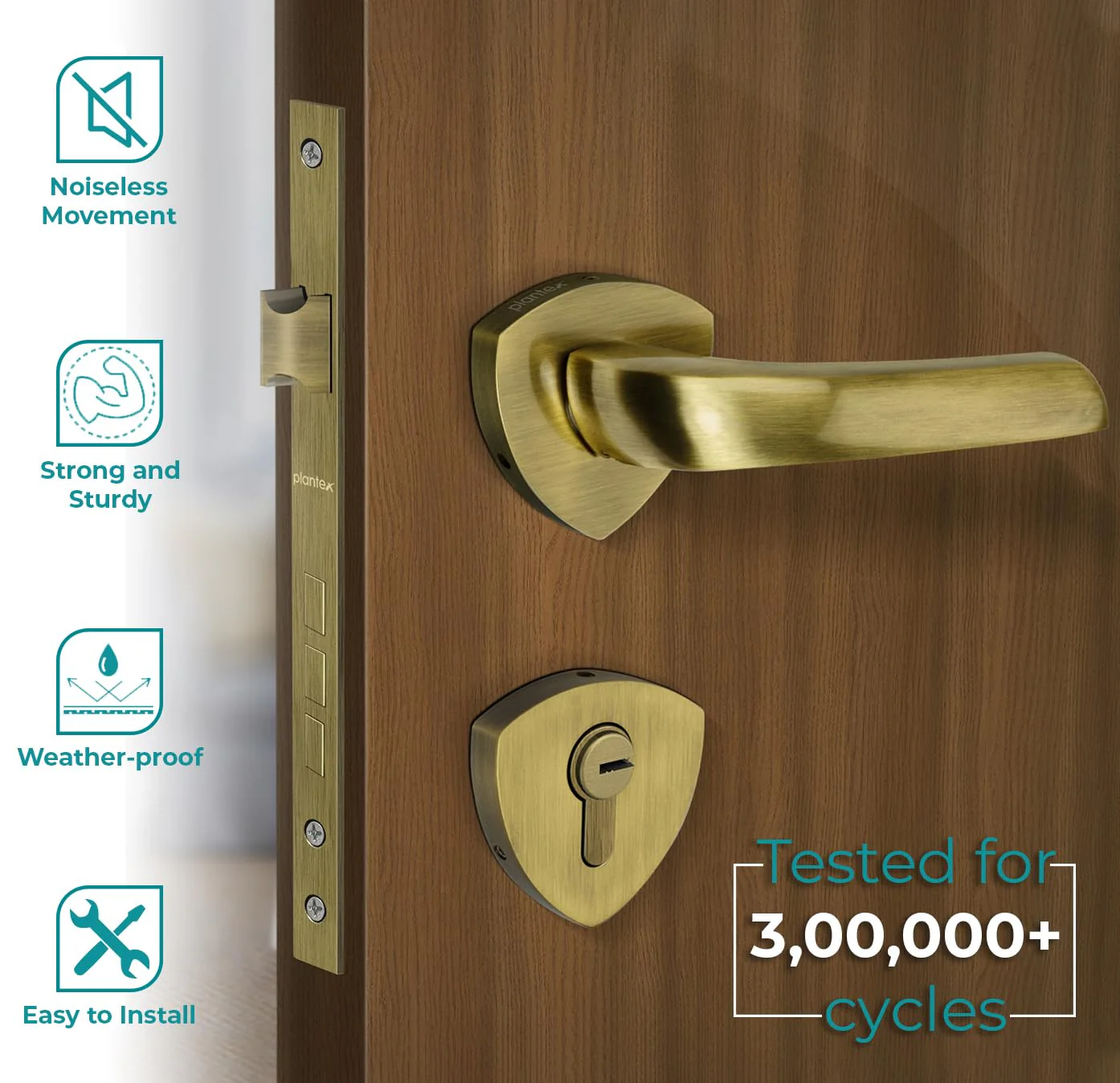Plantex Door Lock-Fully Brass Main Door Lock with 4 Keys/Mortise Door Lock for Home/Office/Hotel (Sumer-3058, Brass Antique) - Image 2