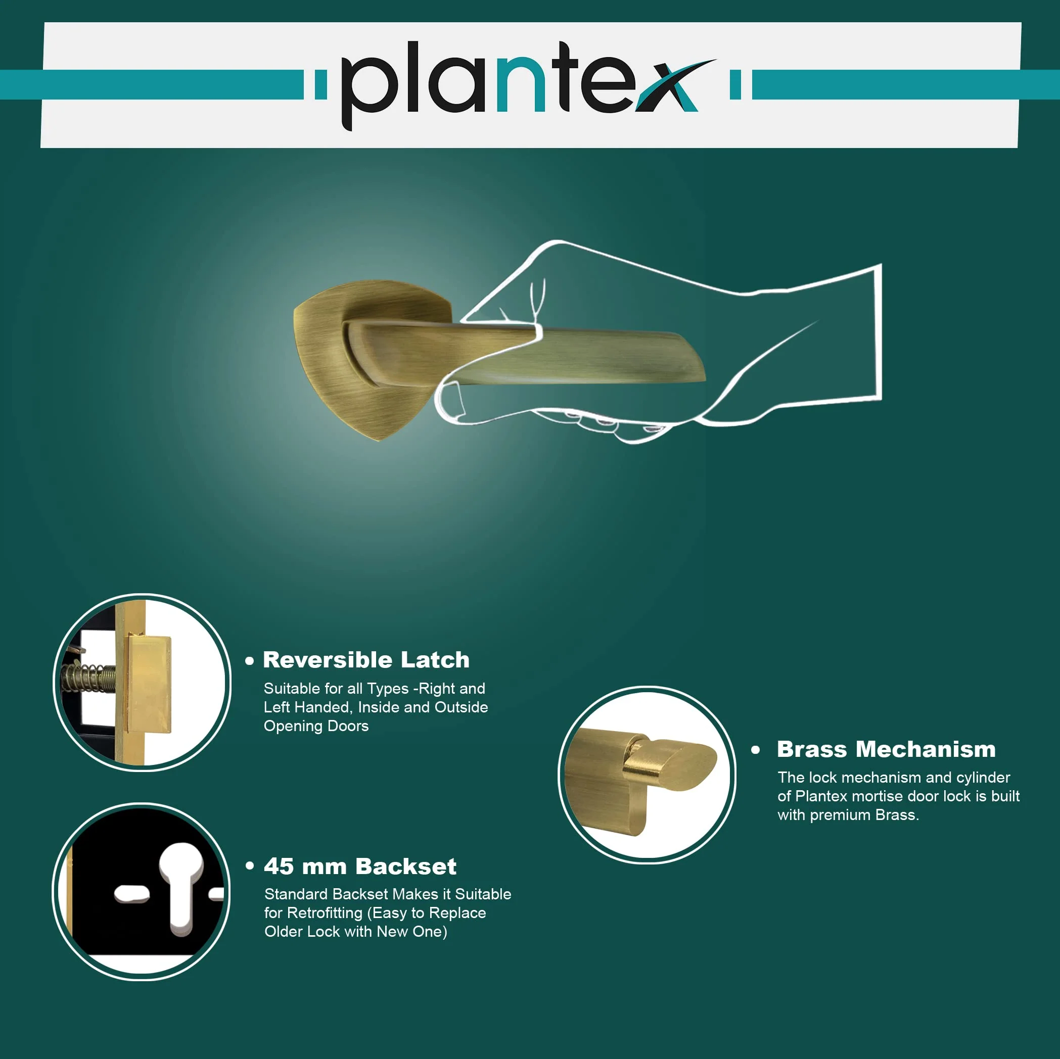 Plantex Door Lock-Fully Brass Main Door Lock with 4 Keys/Mortise Door Lock for Home/Office/Hotel (Sumer-3058, Brass Antique) - Image 7