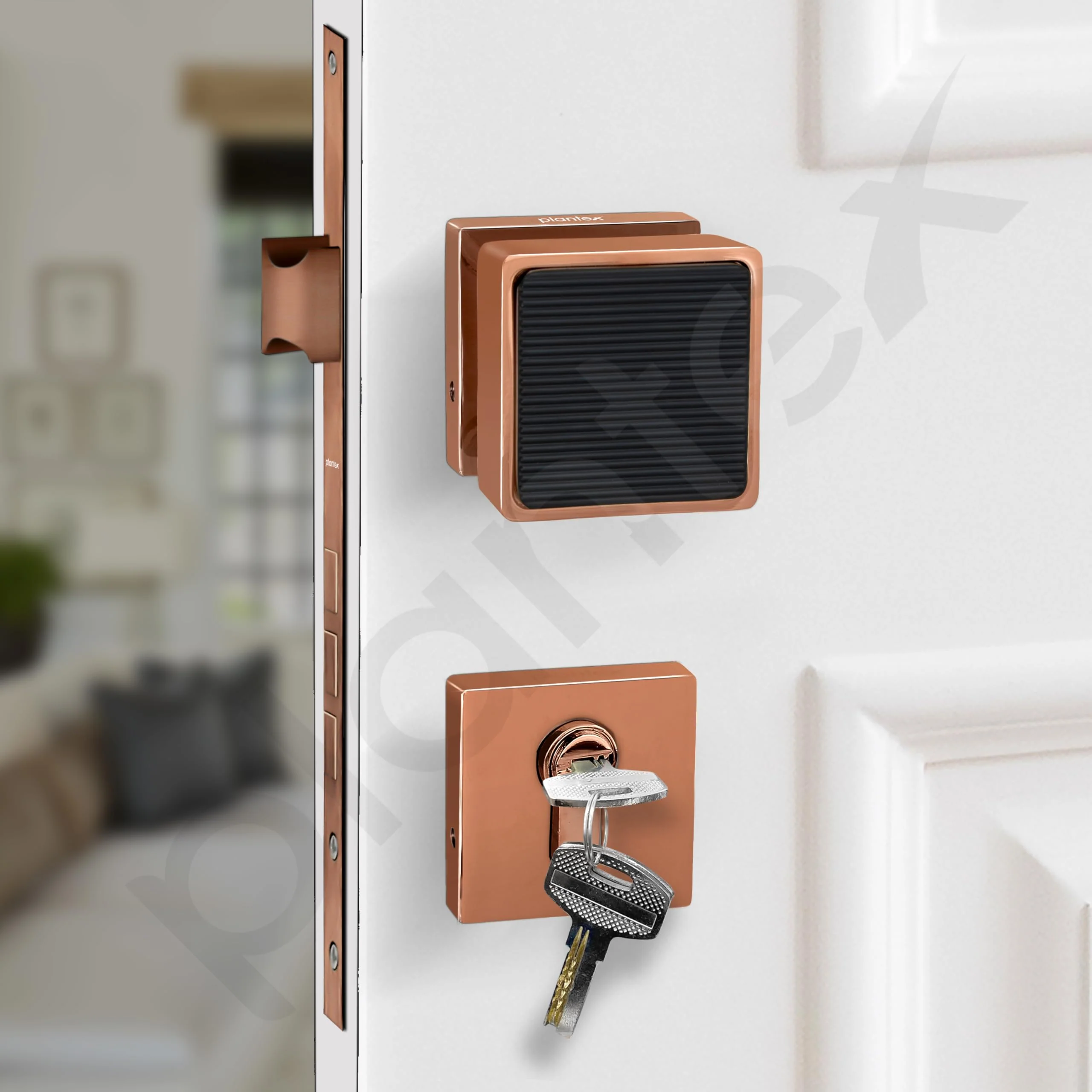 Plantex Door Lock/Main Door Mortise Lock Handle/Handle Set with Key for Home/Office/Door Accessories - (PT-011, Rose Gold & Black) - Image 5