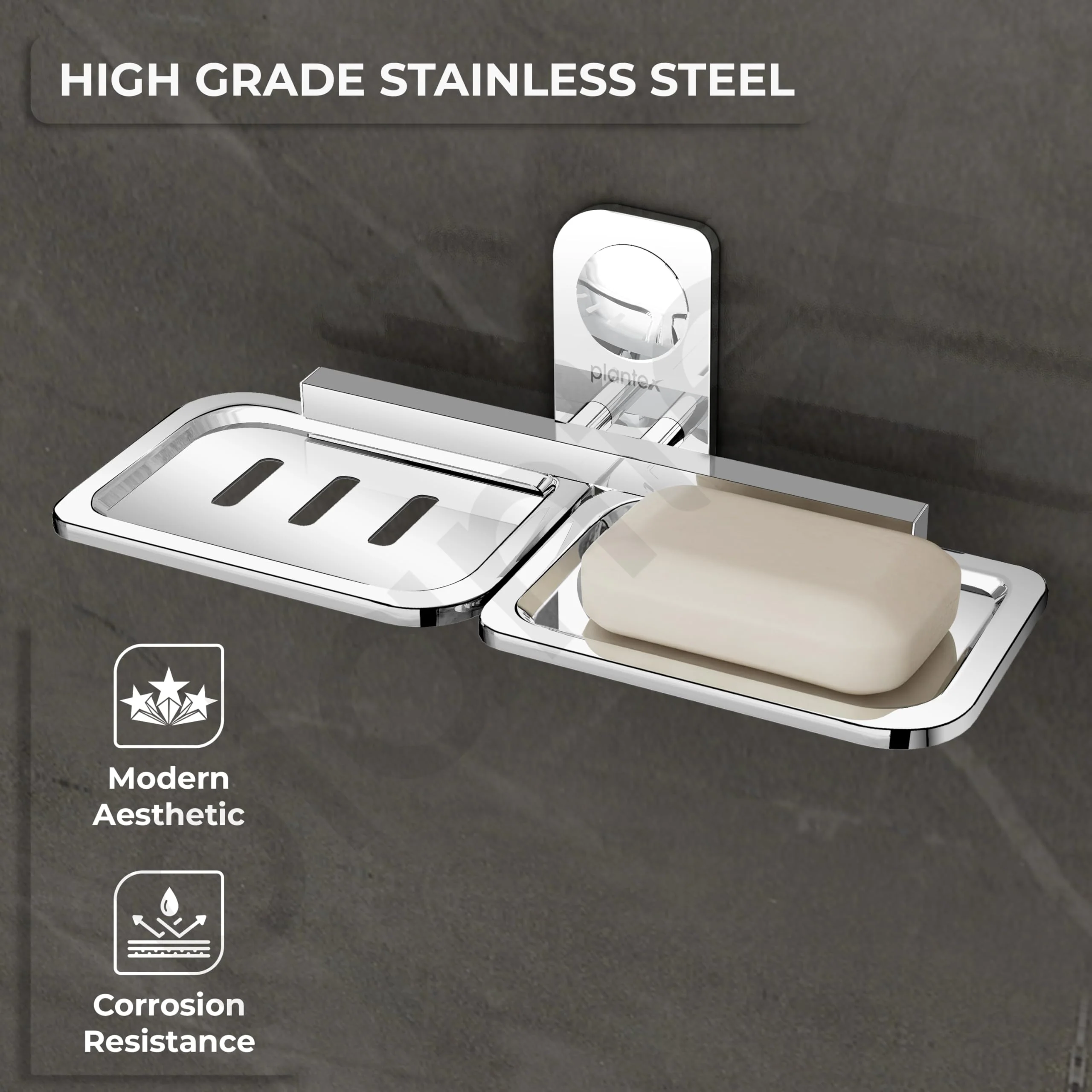 Plantex Dream Stainless Steel Double Soap Dish Stand for Bathroom & Kitchen/Soap Dish/Bathroom Accessories - Wall Mounted - Chrome (Pack of 1) - Image 3