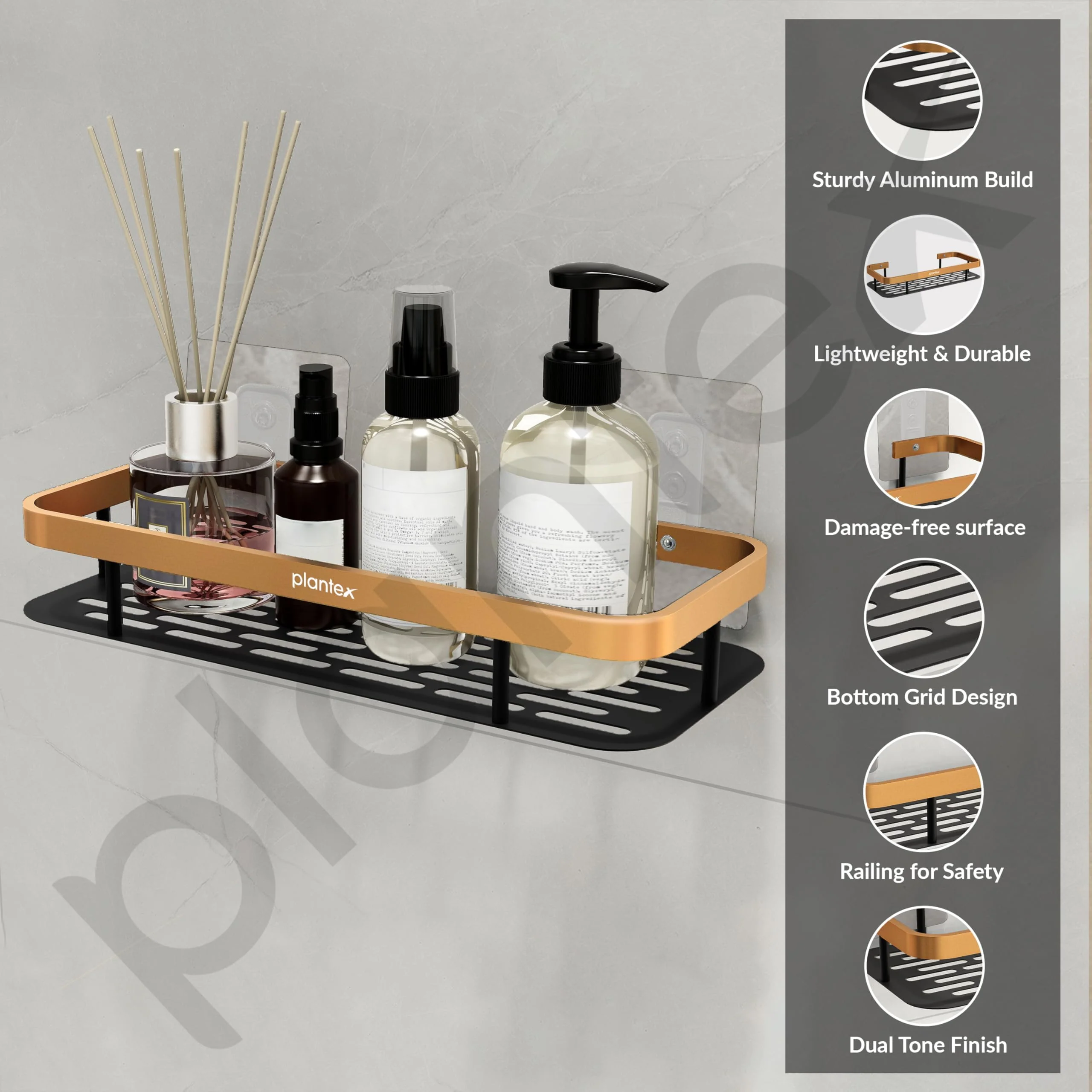Plantex Drill Free Aluminium Bathroom Shelf/Self Adhesive Shelf for Kitchen with Golden Railing & Magic Stickers/Floating Storage Organiser (12x5 inches, Gold & Black) - Pack of 1 - Image 4
