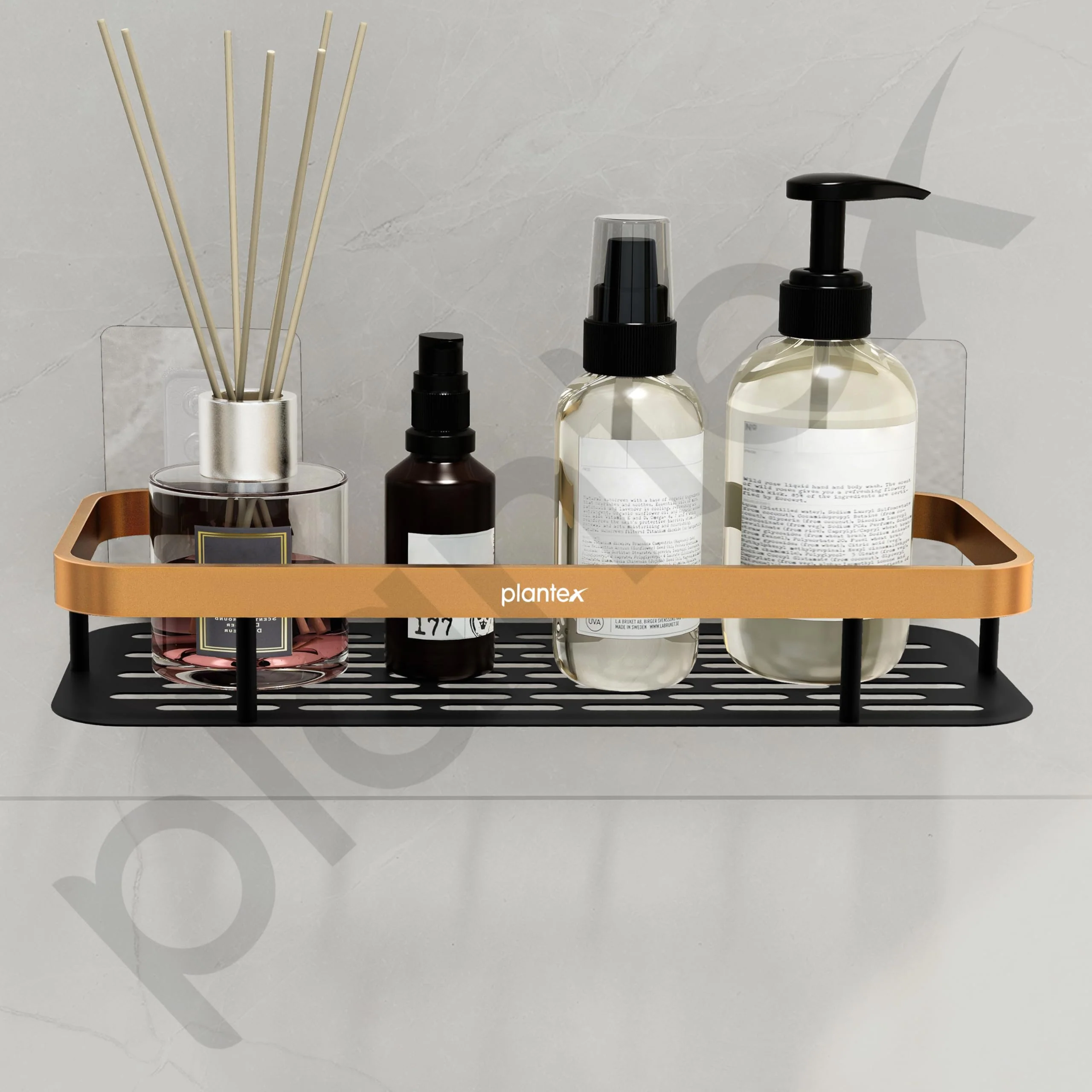 Plantex Drill Free Aluminium Bathroom Shelf/Self Adhesive Shelf for Kitchen with Golden Railing & Magic Stickers/Floating Storage Organiser (12x5 inches, Gold & Black) - Pack of 1 - Image 7