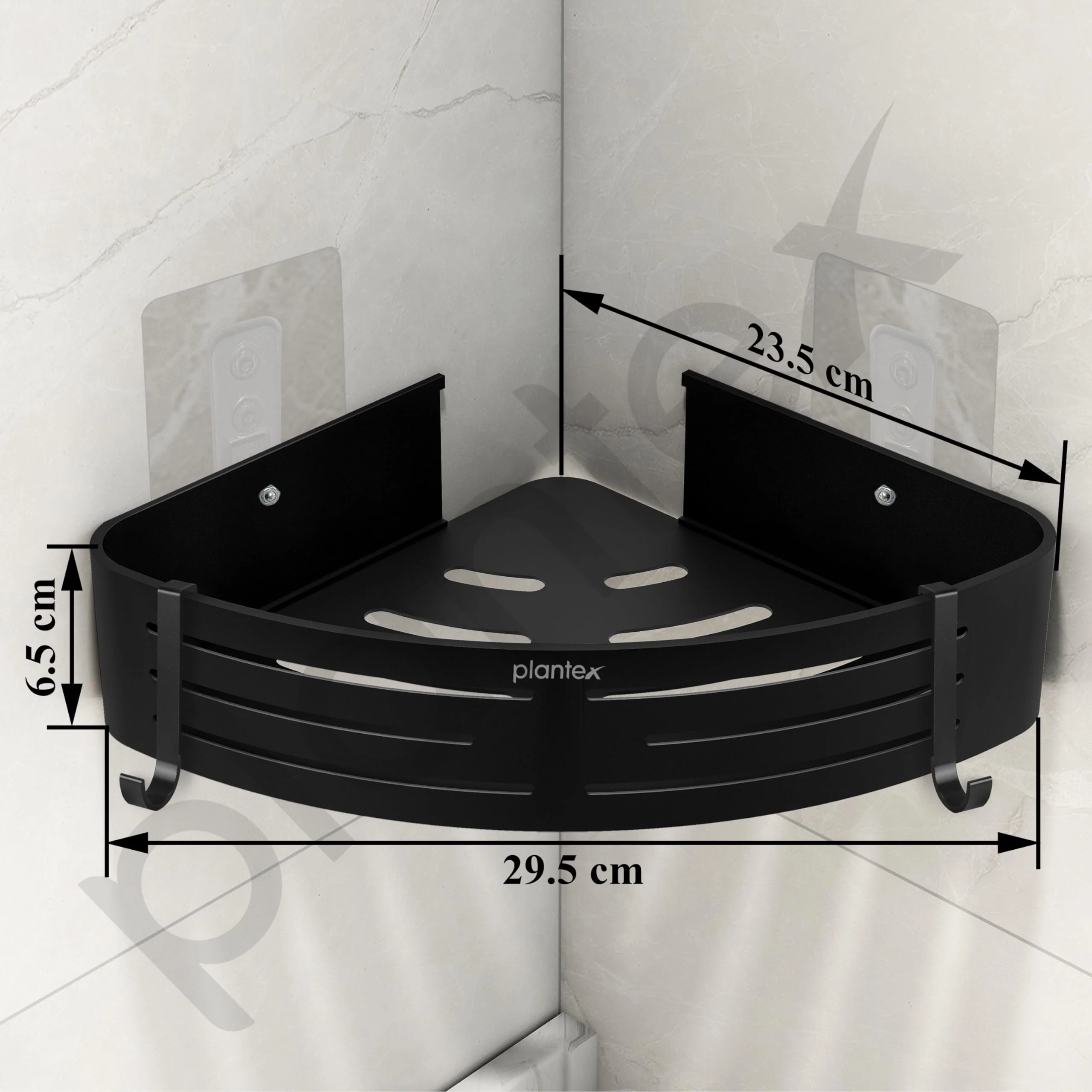Plantex Drill Free Corner Shelf for Bathroom Wall/Self Adhesive Bathroom Shelf Corner/Aluminum Wall Mount Side Corner Shelf Organizer/Shelf for Kitchen with Removable Hooks-9x9 inch Matt Black - Image 3