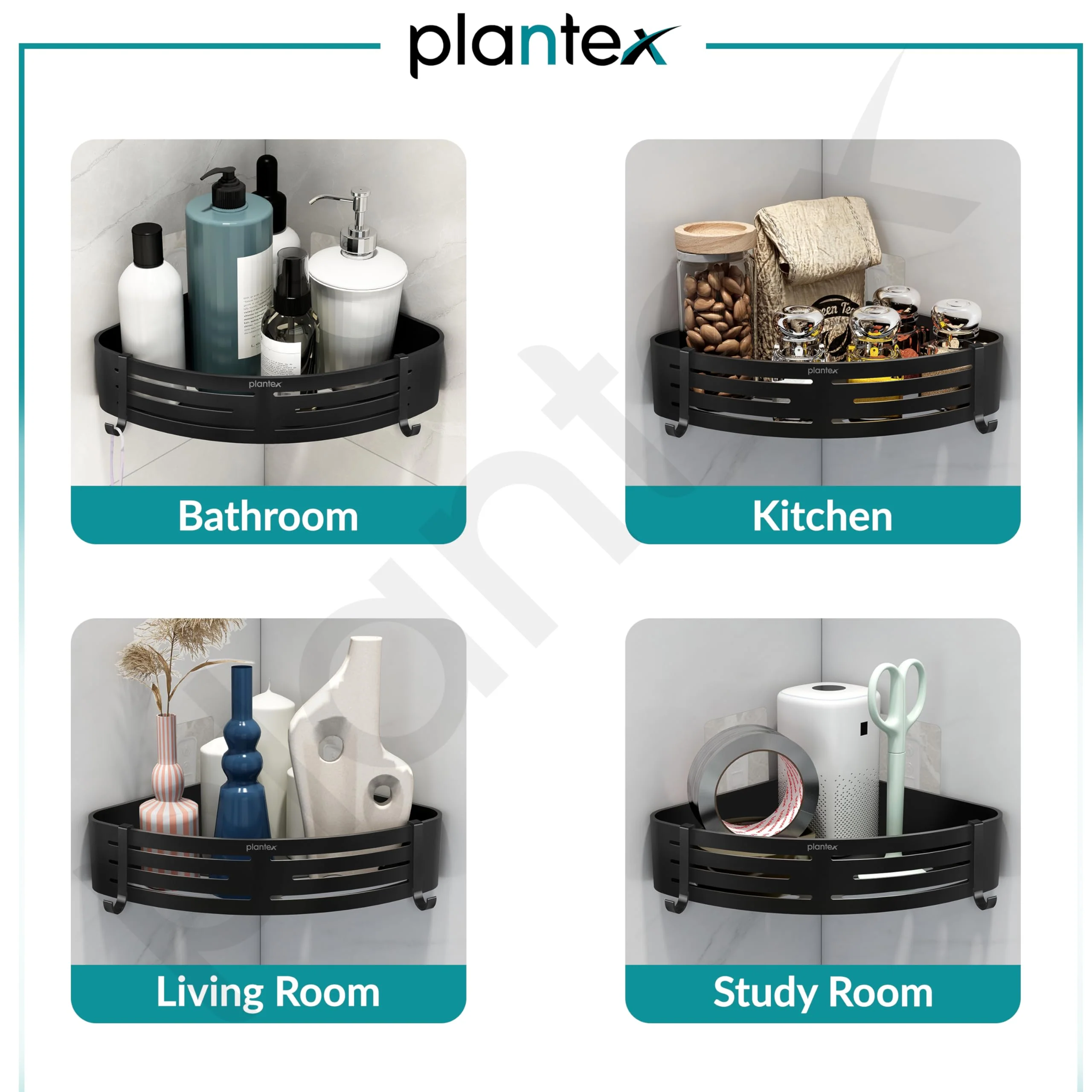 Plantex Drill Free Corner Shelf for Bathroom Wall/Self Adhesive Bathroom Shelf Corner/Aluminum Wall Mount Side Corner Shelf Organizer/Shelf for Kitchen with Removable Hooks-9x9 inch Matt Black - Image 5