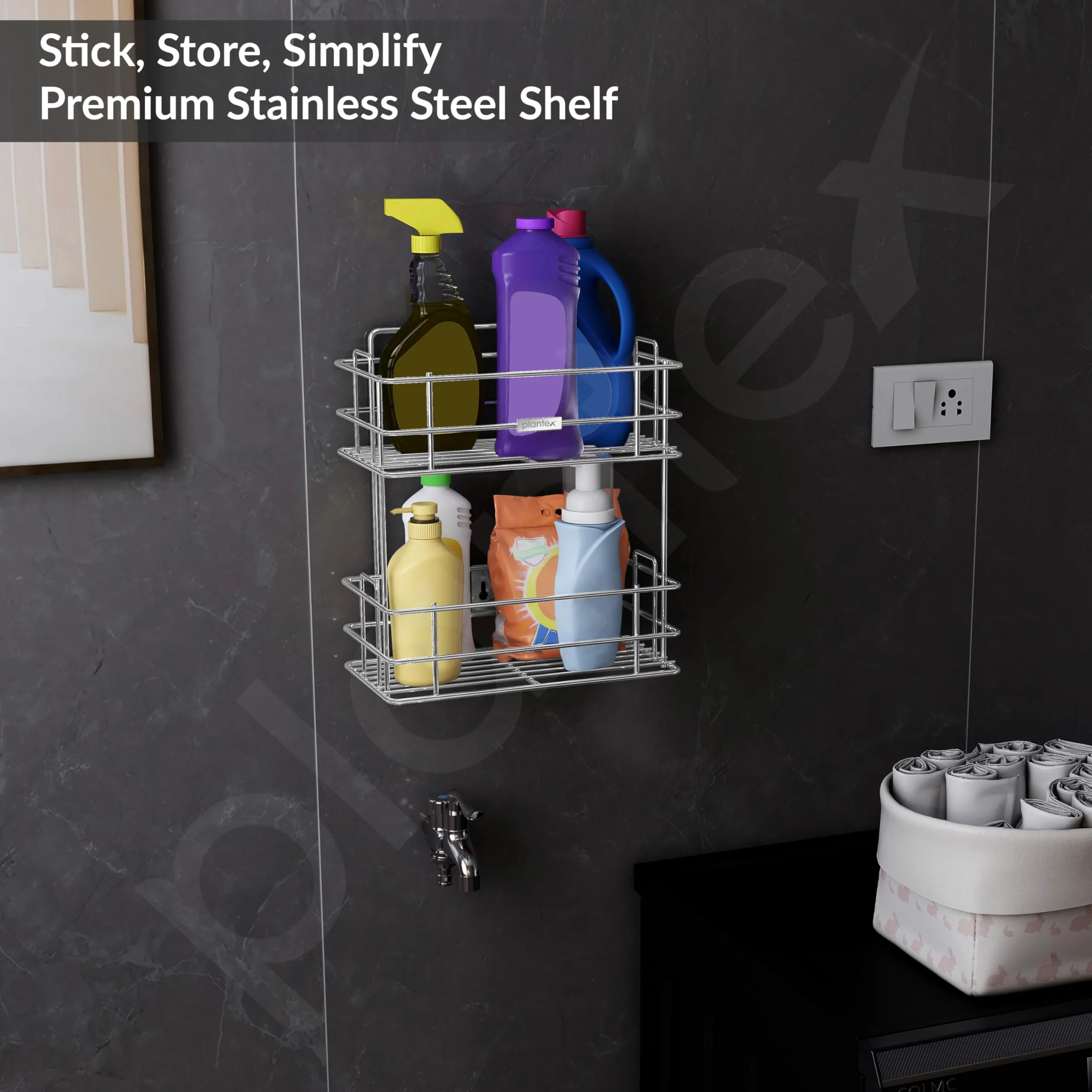 Plantex Drill Free Stainless Steel Multipurpose Detergent Holder/Under The Sink Detergent Rack/Wall Mounted Detergent Holder/Bathroom Rack/Shelf/Bathroom Accessories (Chrome) - Image 2