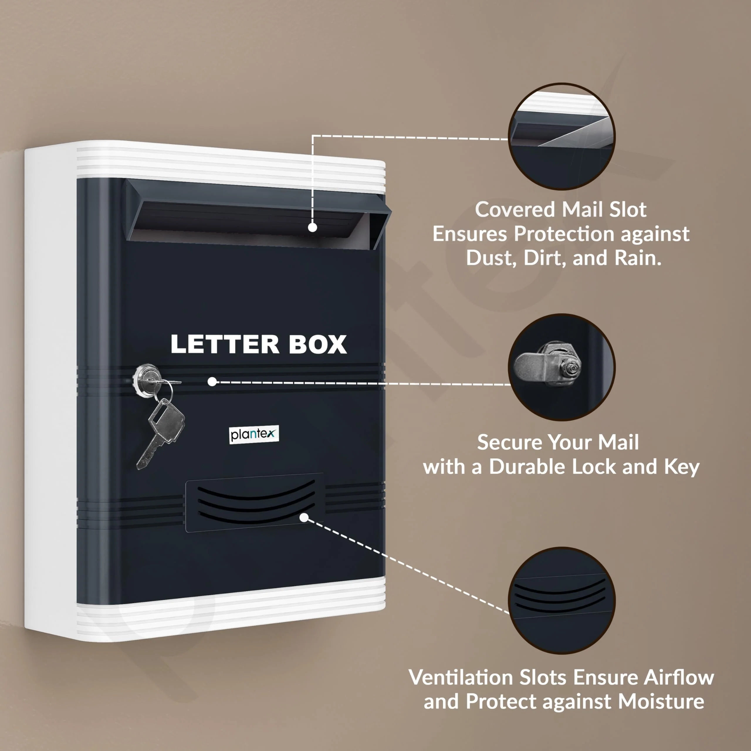 Plantex Durable Plastic Letter Box/Suggestion Box for Office/Post Box/Complaint Box/Letter Box for Home Gate with Key Lock/Mail Box - (Grey & White), Wall Mounted - Image 4