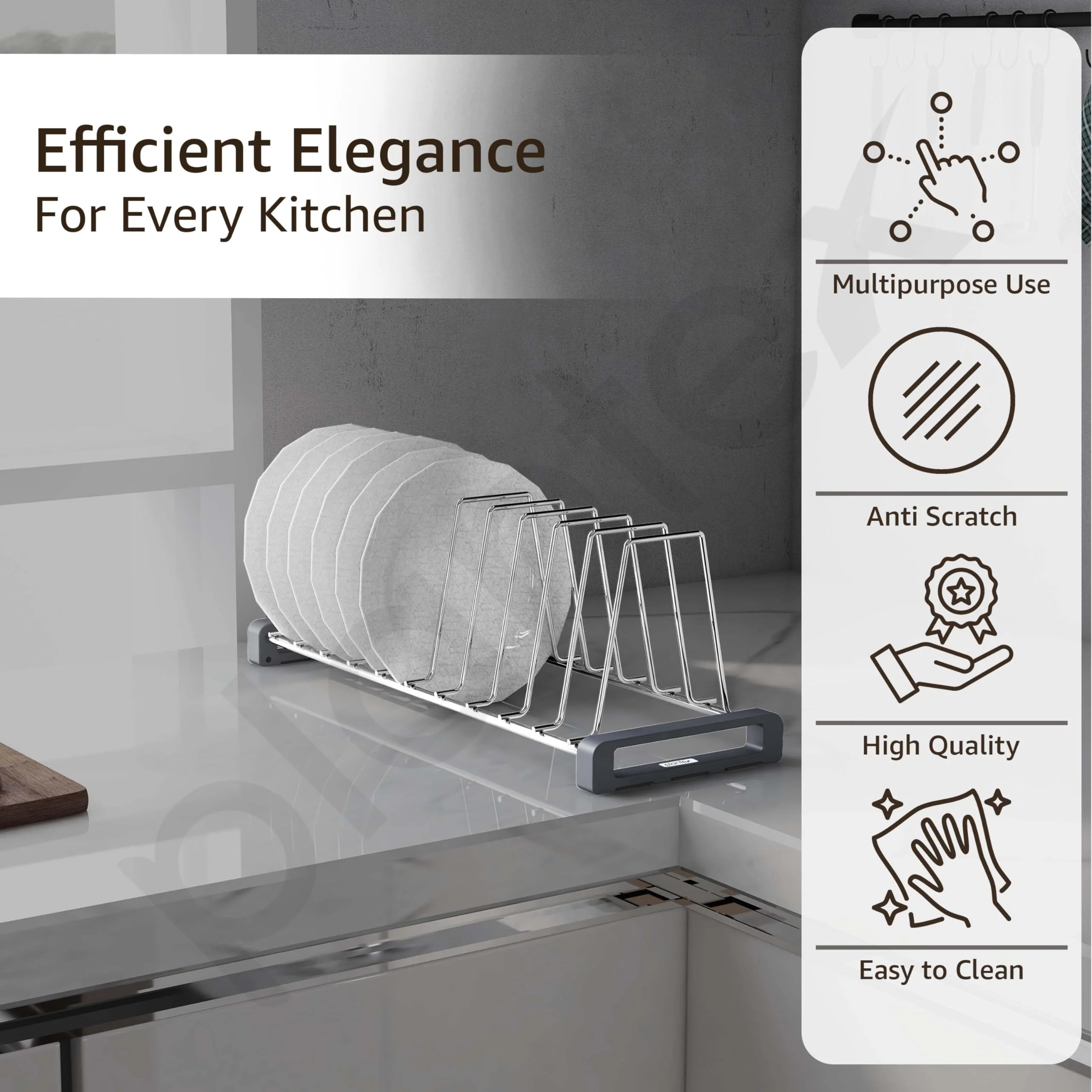 Plantex Durable Stainless Steel Plate Stand for Kitchen Cabinet/10 Slot Plate Oraganizer for Kitchen/8 Inch Thali Stand with Anti-Scratch Base(Size-8Inches, Slot- 10, Pack of 1) - Image 3