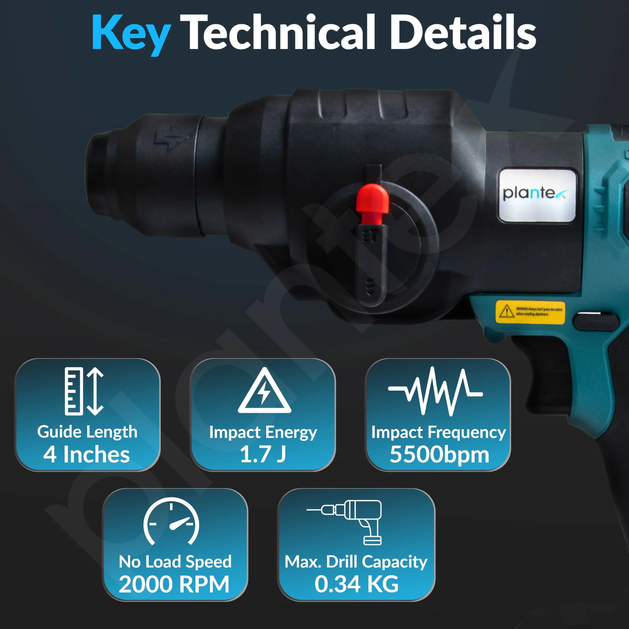 Plantex Electric Hammer Drill, 1.7J Impact Energy, SDS Chuck, Variable Speed 0-2000 RPM, Ideal for 6-10mm Boreholes – Heavy Duty Rotary Hammer - Black (Mainframe, Battery & Charger Not Included) - Image 3