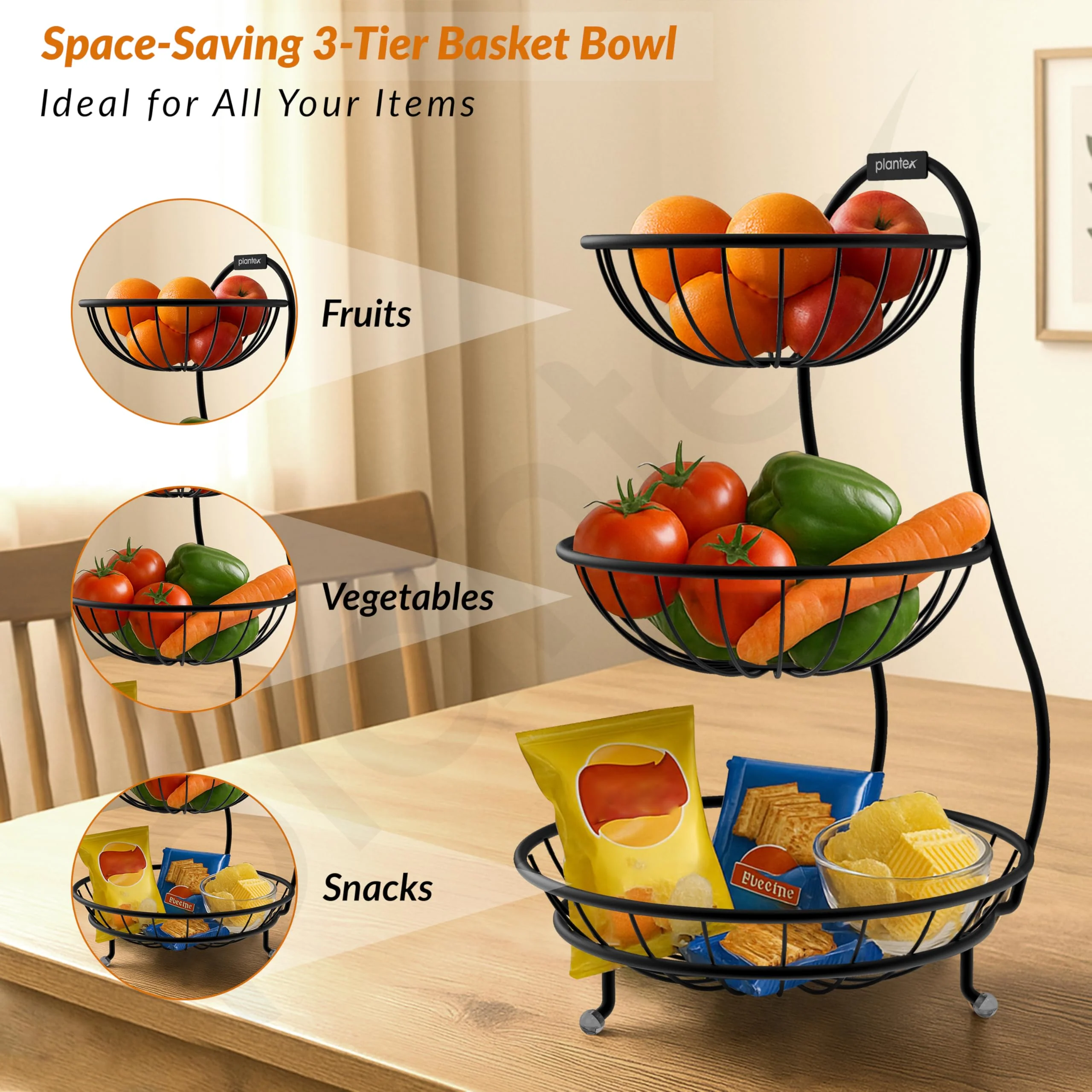 Plantex Elegant High Grade Steel 3-Tier Fruit & Vegetable Basket For Dining Table/Kitchen-Big Size(Black),Solid, 12 liter - Image 3
