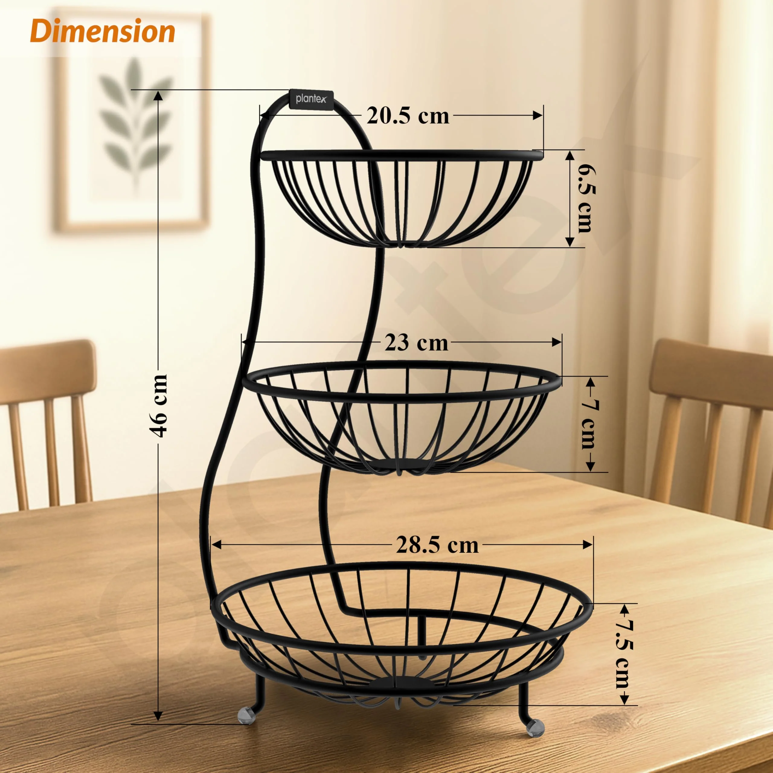 Plantex Elegant High Grade Steel 3-Tier Fruit & Vegetable Basket For Dining Table/Kitchen-Big Size(Black),Solid, 12 liter - Image 4