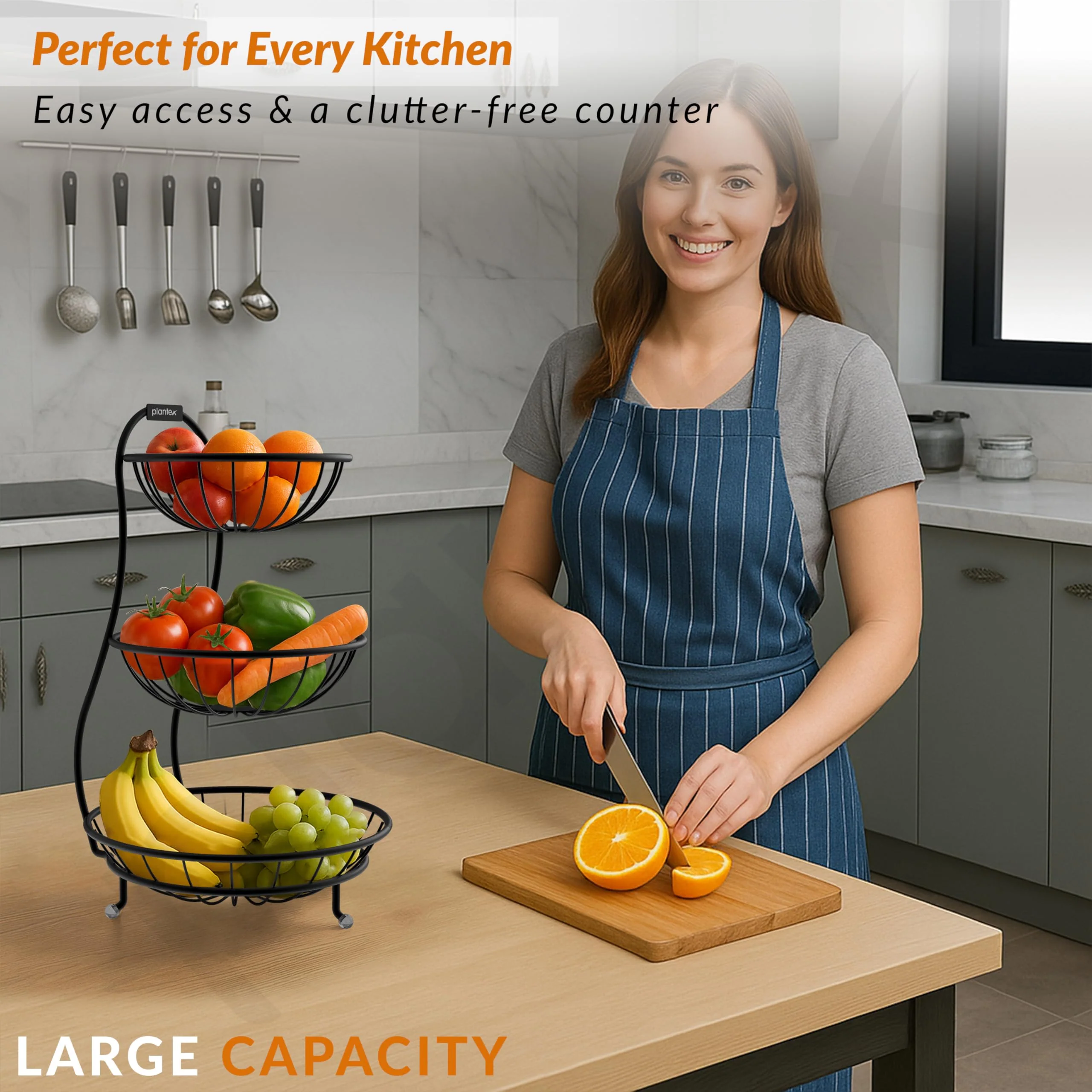 Plantex Elegant High Grade Steel 3-Tier Fruit & Vegetable Basket For Dining Table/Kitchen-Big Size(Black),Solid, 12 liter - Image 6