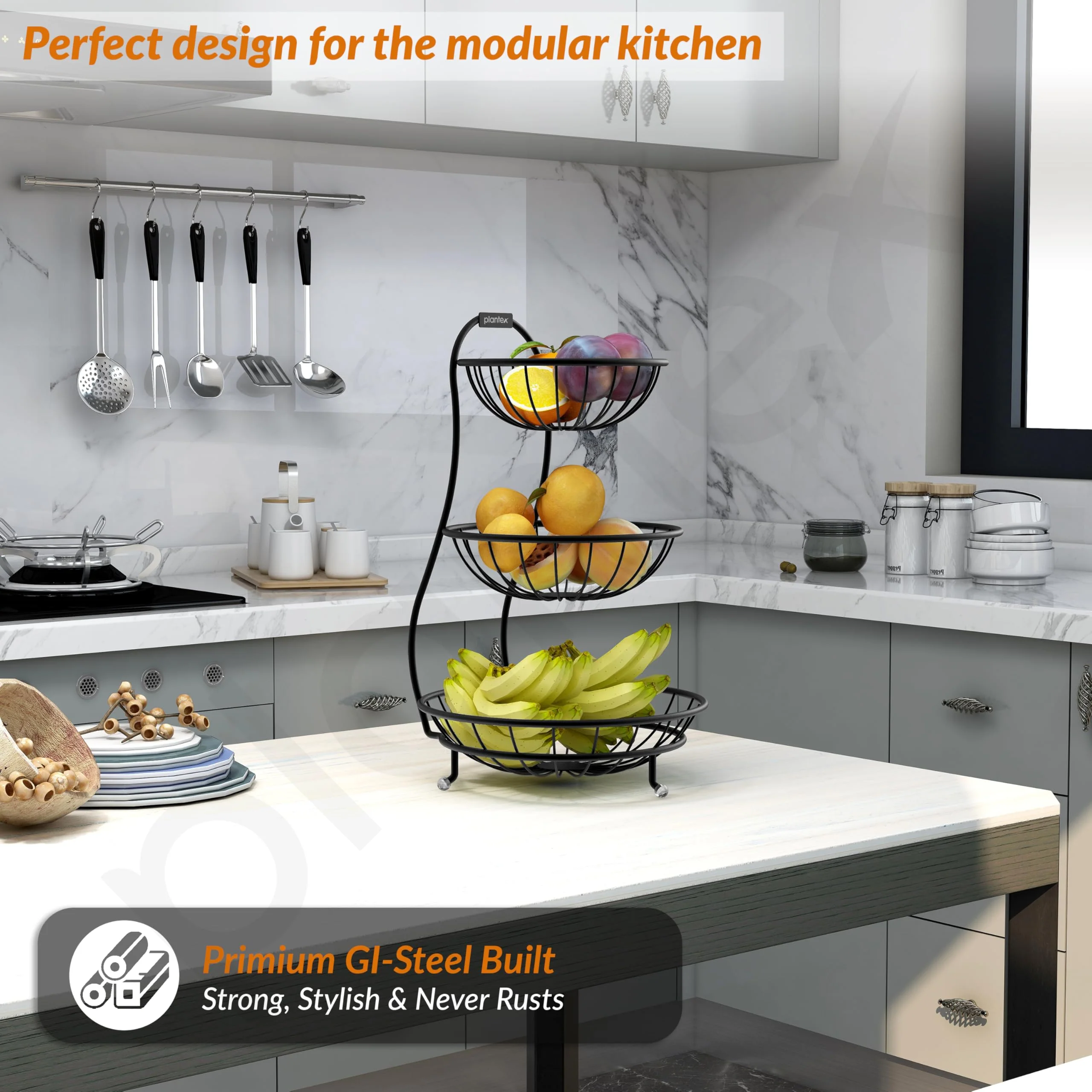 Plantex Elegant High Grade Steel 3-Tier Fruit & Vegetable Basket For Dining Table/Kitchen-Big Size(Black),Solid, 12 liter - Image 7