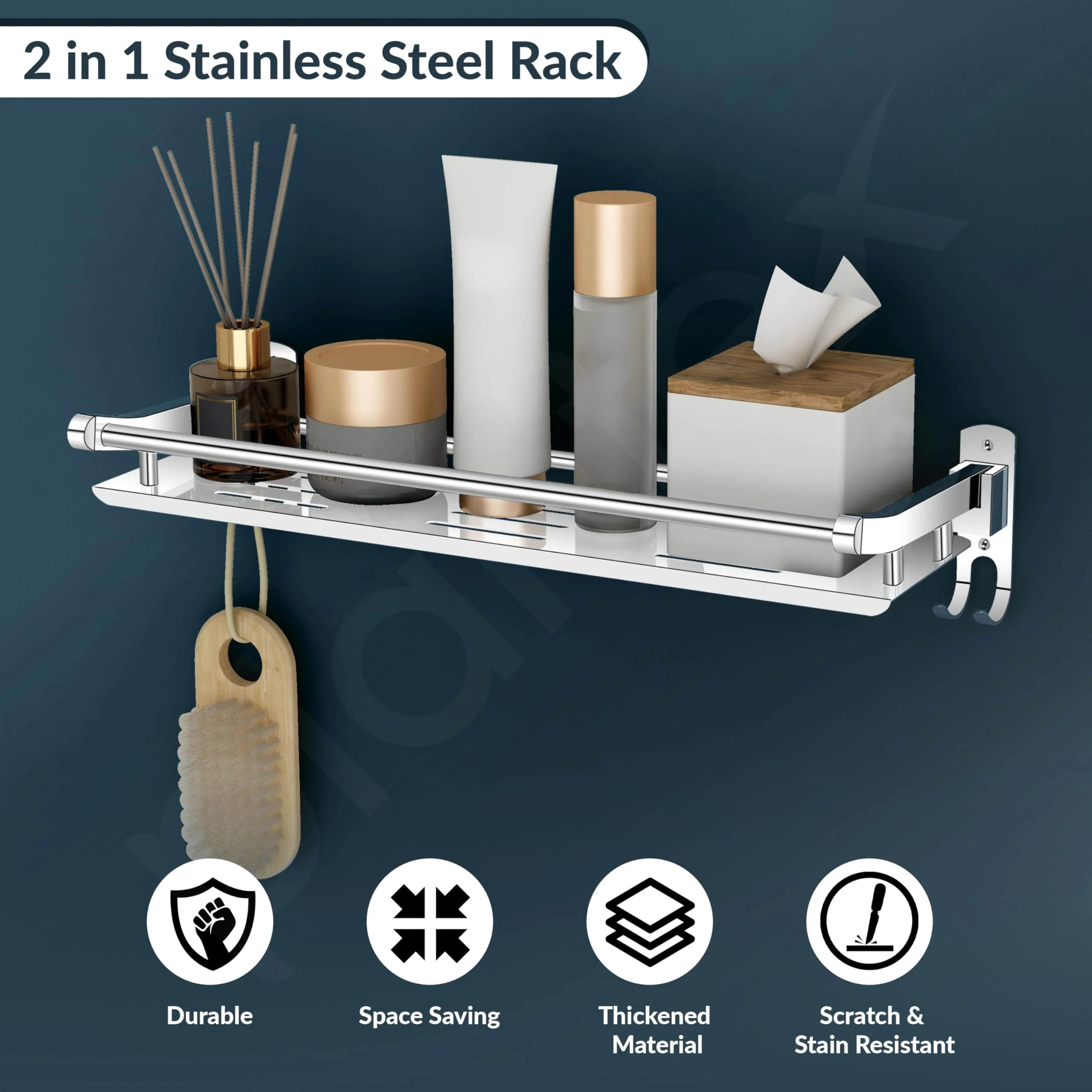 Plantex Elegant Stainless Steel Multipurpose Folding Bathroom Shelf/Towel Rack with Towel Hooks/Bathroom Accessories - Wall Mount (Chrome) - Image 2