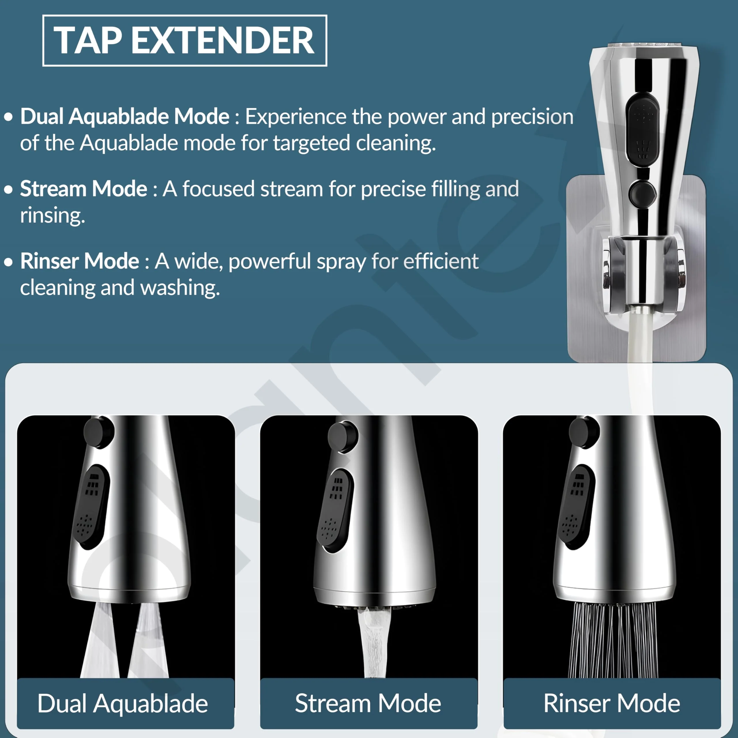 Plantex Flexible Tap Extender for Kitchen Sink/360° Rotation/Diverter Plus Aerator with Extendable Recoil Hose/Fits F22 and M24 mm taps (XL-2014/Chrome) - Image 2