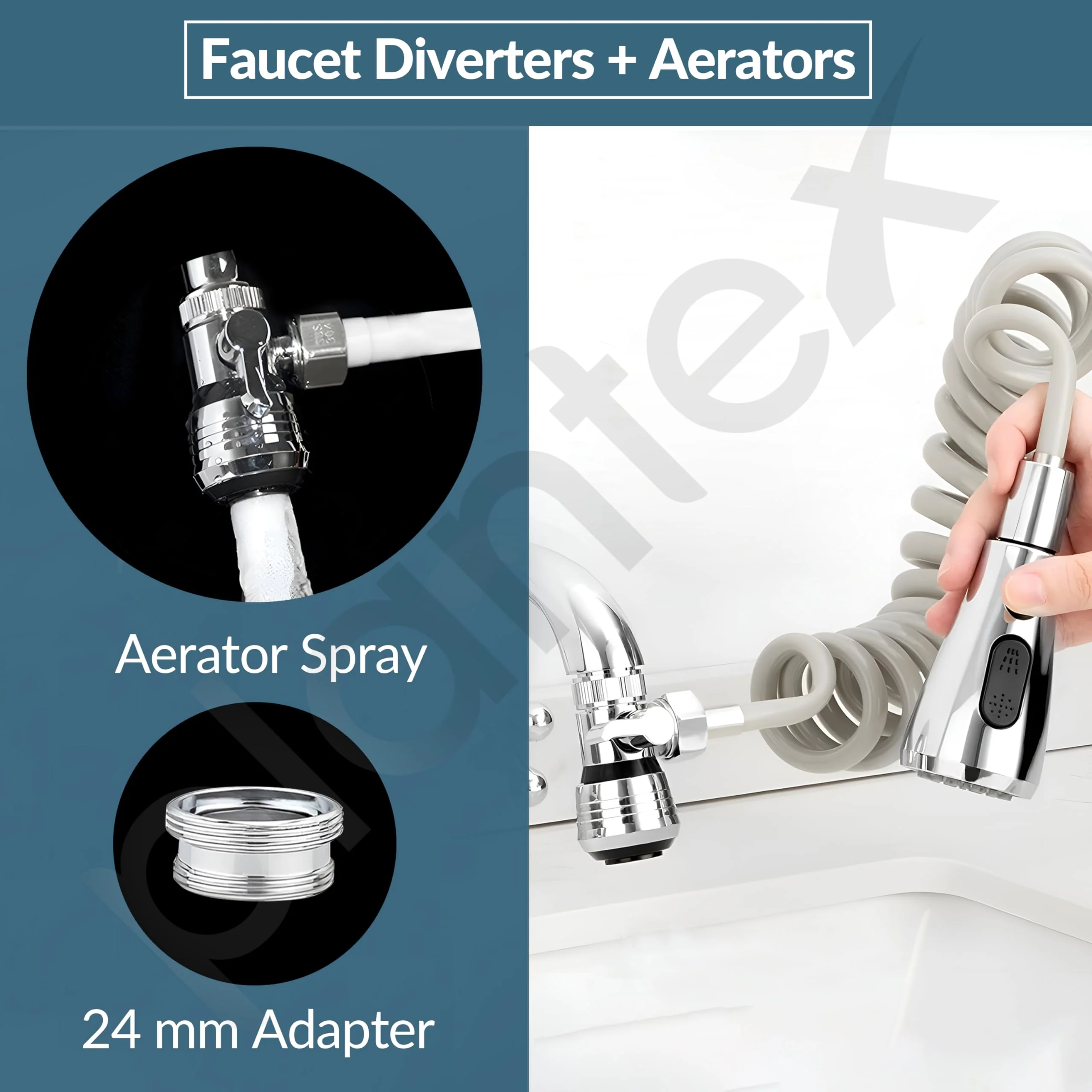 Plantex Flexible Tap Extender for Kitchen Sink/360° Rotation/Diverter Plus Aerator with Extendable Recoil Hose/Fits F22 and M24 mm taps (XL-2014/Chrome) - Image 3