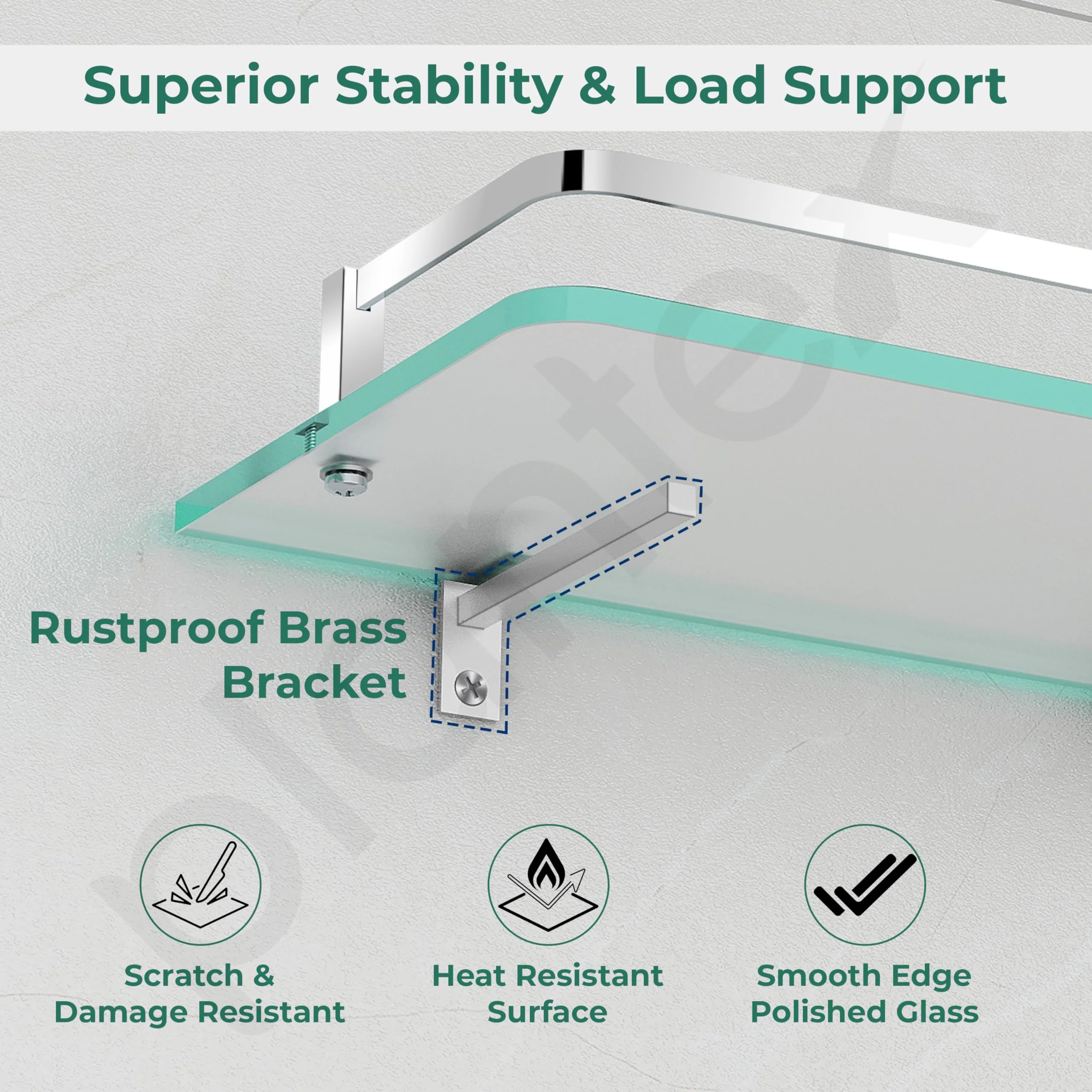 Plantex Frosted Glass Shelf for Bathroom/Kitchen Shelf for Wall/Living Room Wall Storage Shelf with Chrome Finish Brass Railings and Brackets (12x6 Inches - Pack of 2) - Image 3