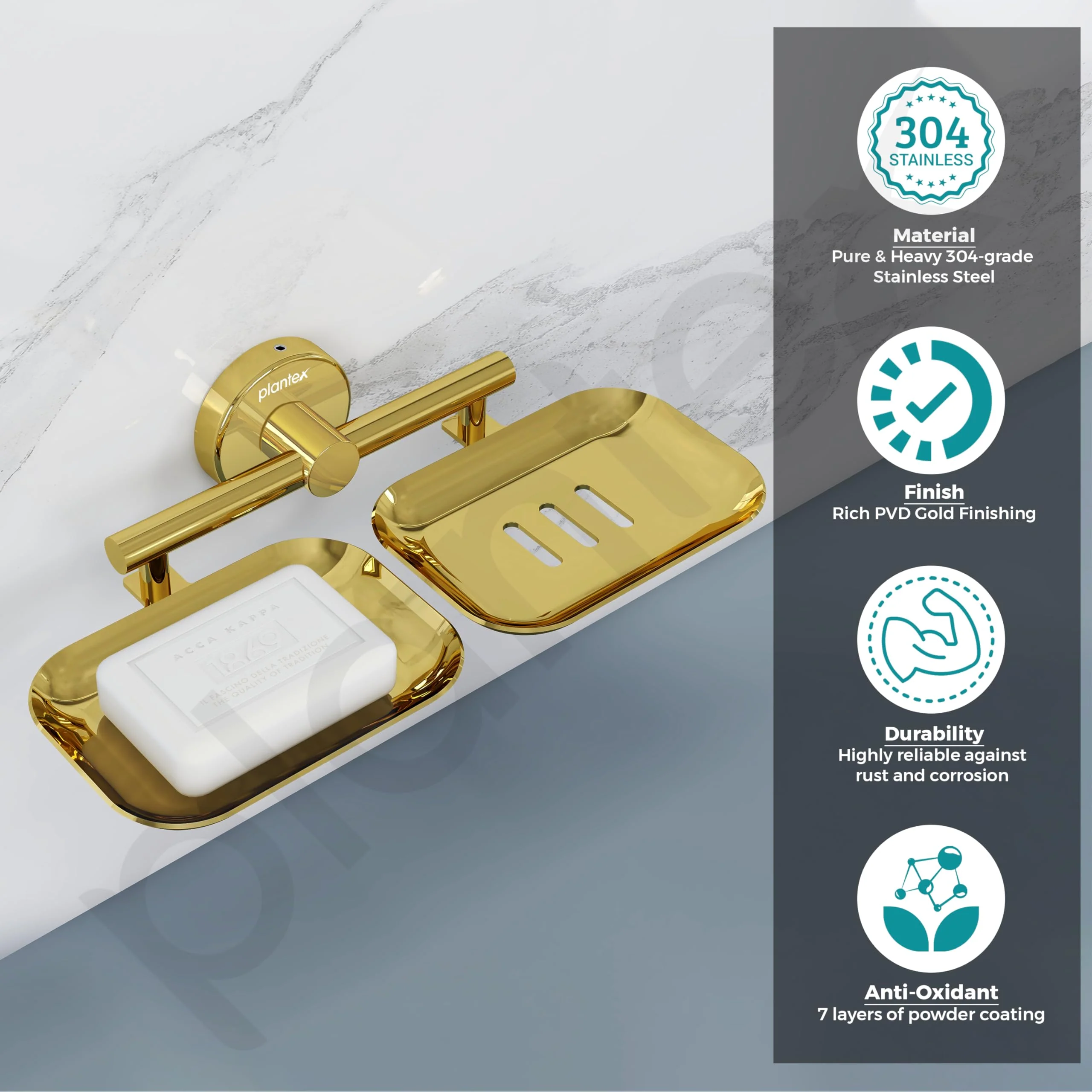Plantex Galaxy 304 Grade Stainless Steel Rectangular Double Soap Dish for Bathroom/Soap Stand/Soap Holder/Soap Storage/Bathroom Accessories – (PVD Gold) - Image 4