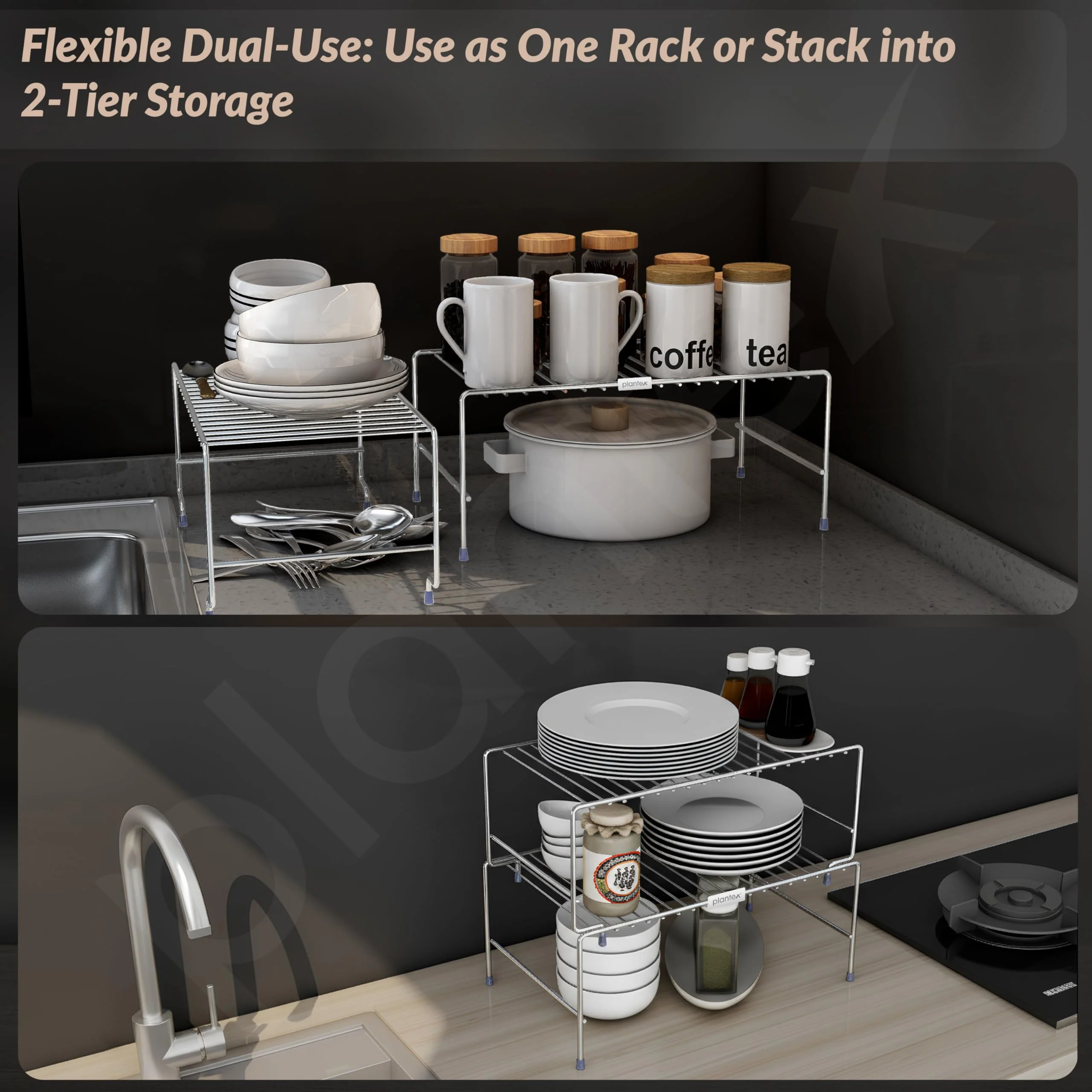 Plantex Stainless Steel 2- Tier Shelf Organizer for Kitchen Storage/Foldable and Detachable kitchen shelf organiser/Rack Organiser for Storage - Image 5
