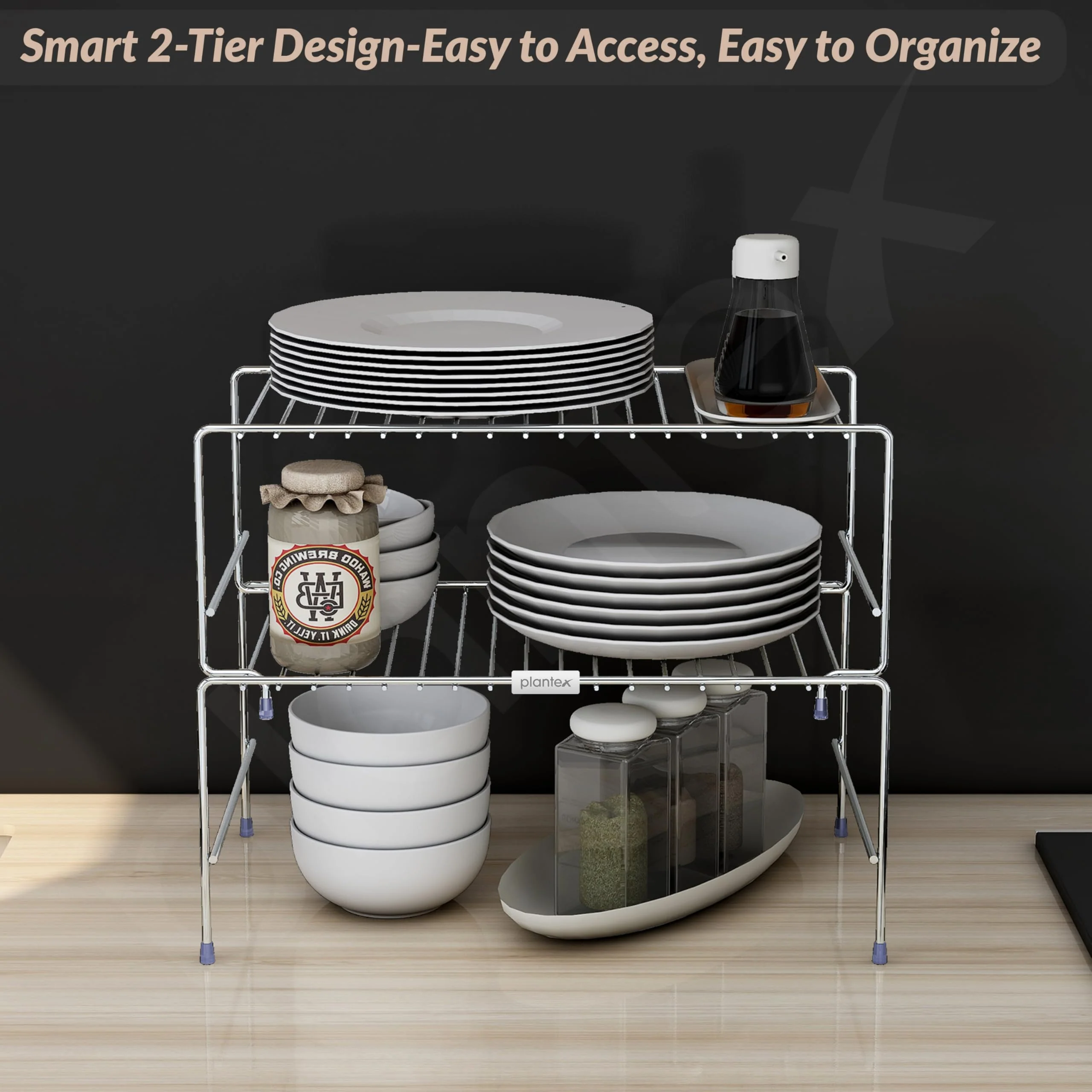 Plantex Stainless Steel 2- Tier Shelf Organizer for Kitchen Storage/Foldable and Detachable kitchen shelf organiser/Rack Organiser for Storage - Image 7