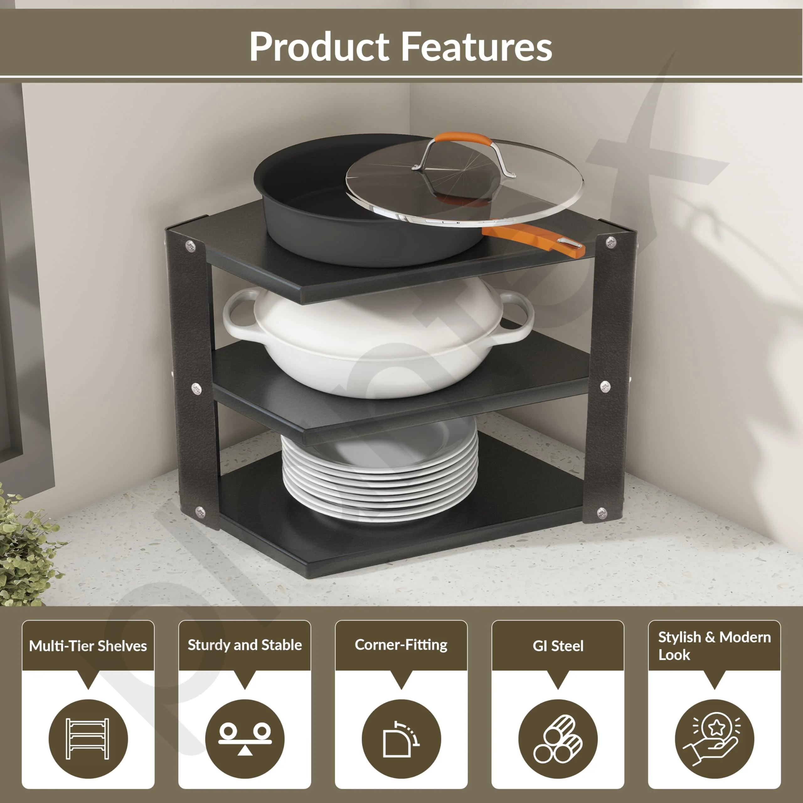 Plantex GI-Steel 3-Tier Pan Stand for Kitchen/Multipurpose Corner Shelf for Kitchen - Pack of 1 (Black) - Image 2