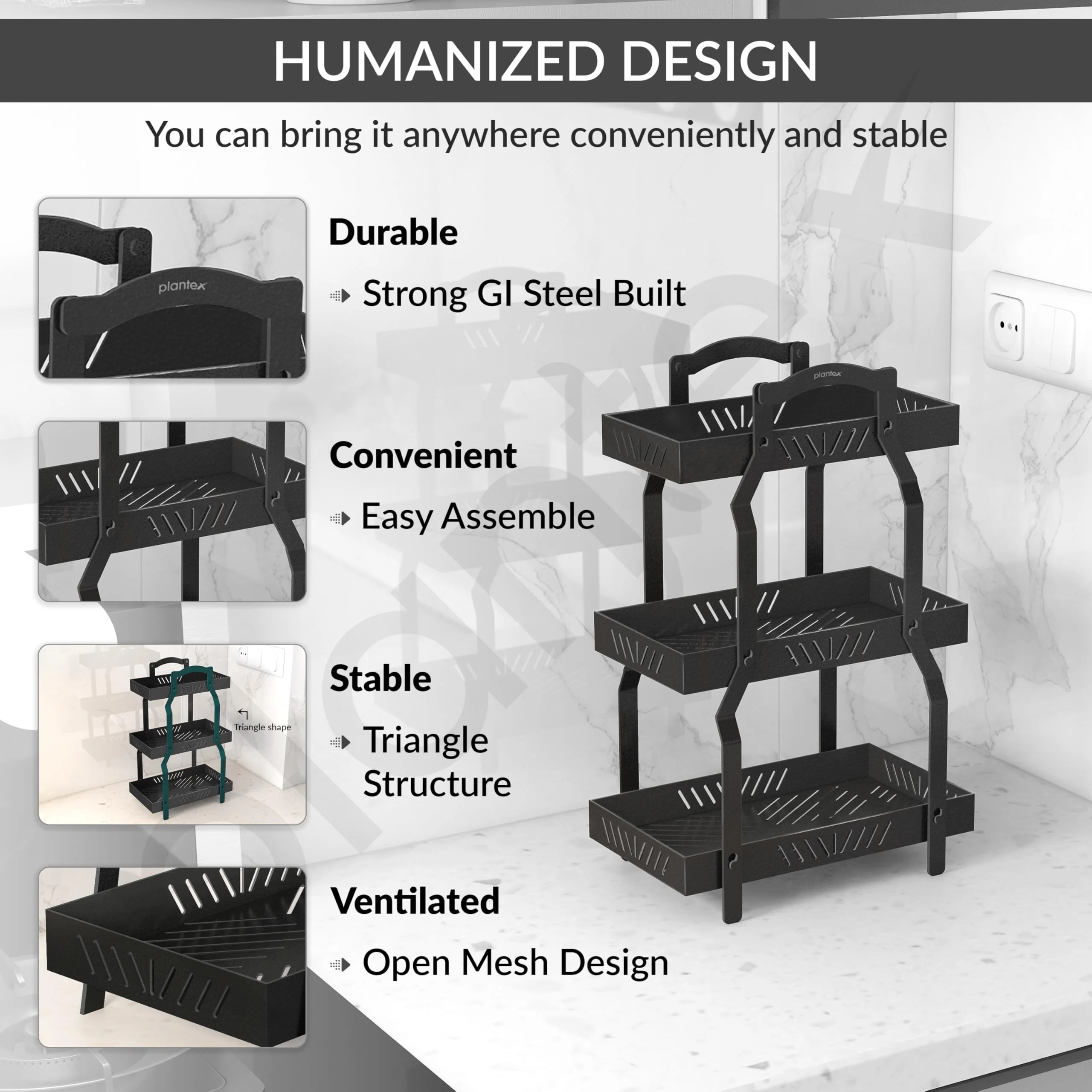 Plantex GI-Steel 3 Tier Shelf/Multipurpose Rack/Storage Rack for Kitchen/Fruit & Vegetable Basket for Kitchen - Pack of 1, (Black) - Image 3