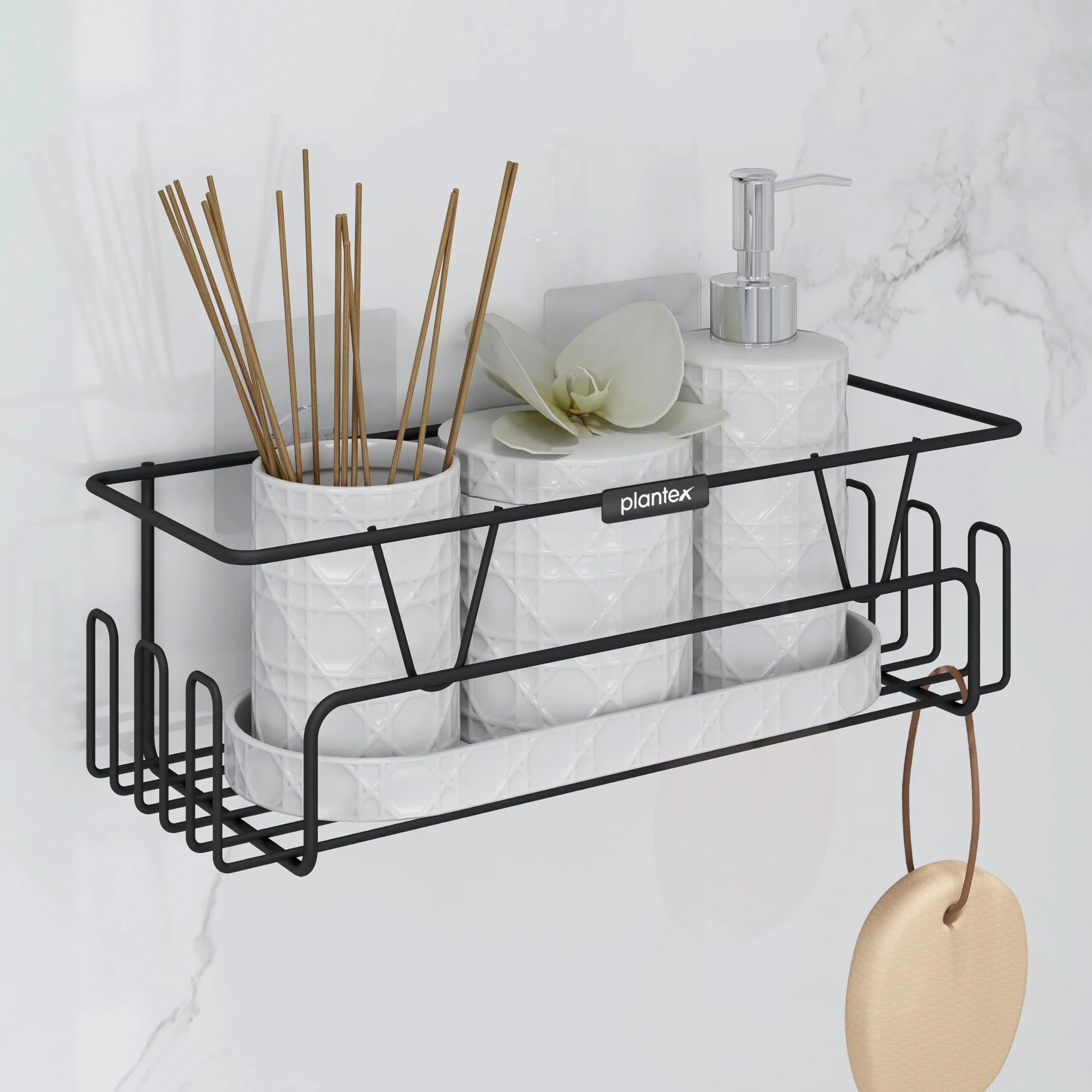 Plantex GI Steel Adhesive Shelf for Bathroom Wall/Self Adhesive Shelf for Kitchen with Side Hooks to Hang Loofah for Bathing/Bathroom Organiser - Black, Powder Coated