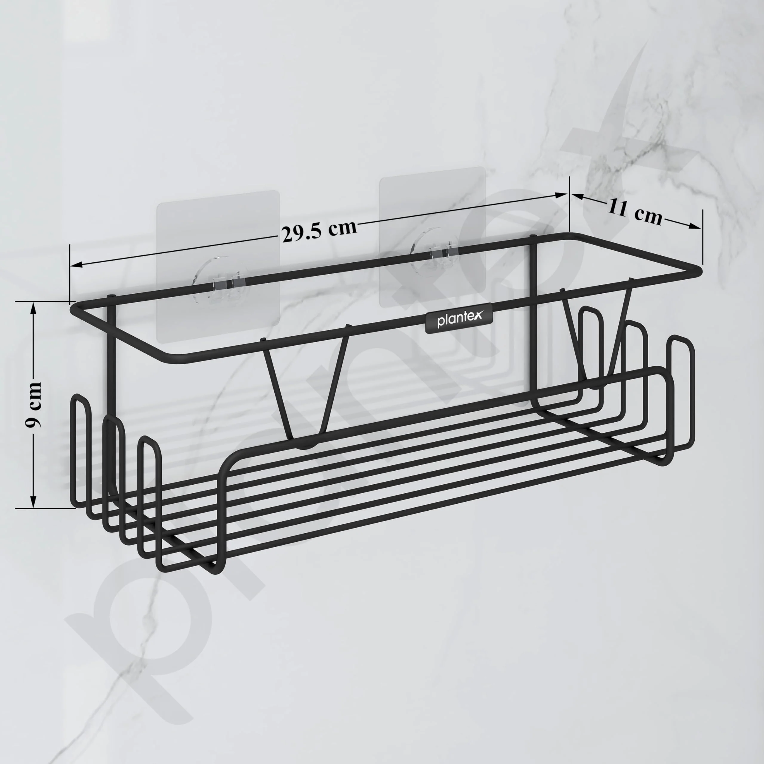 Plantex GI Steel Adhesive Shelf for Bathroom Wall/Self Adhesive Shelf for Kitchen with Side Hooks to Hang Loofah for Bathing/Bathroom Organiser - Black, Powder Coated - Image 2