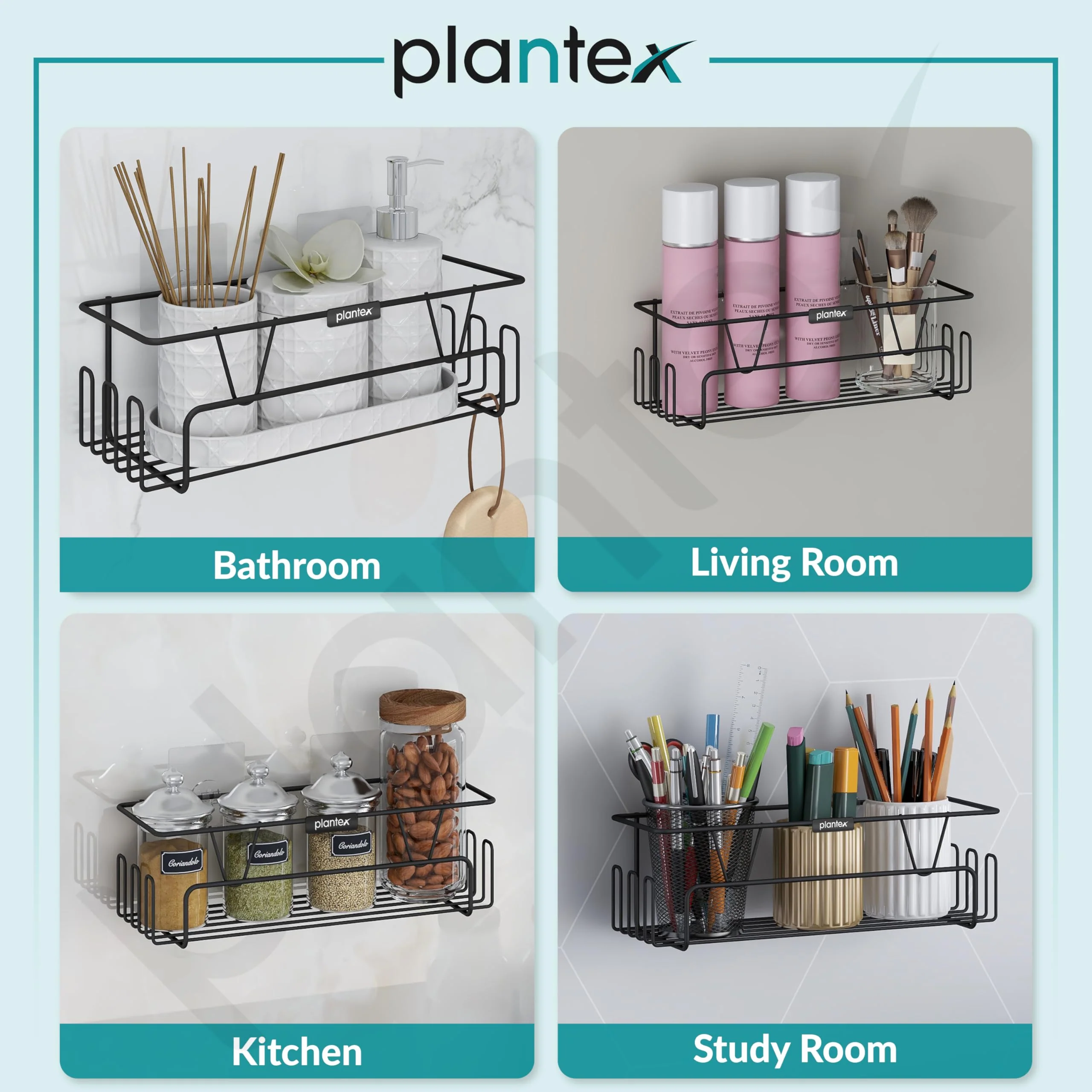 Plantex GI Steel Adhesive Shelf for Bathroom Wall/Self Adhesive Shelf for Kitchen with Side Hooks to Hang Loofah for Bathing/Bathroom Organiser - Black, Powder Coated - Image 5