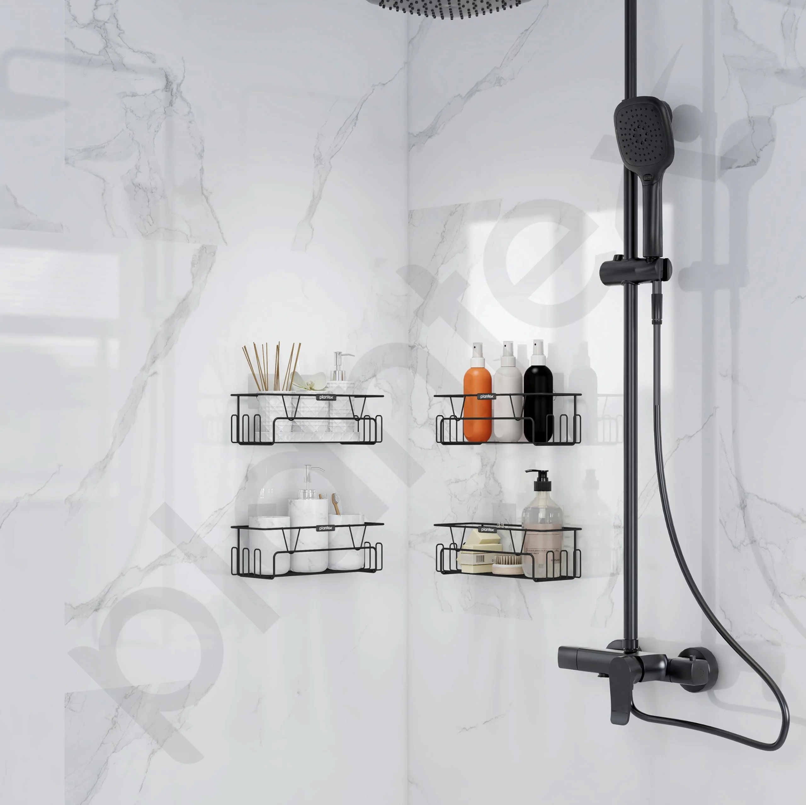 Plantex GI Steel Bathroom Accessories Self Adhesive/Bathroom Shelf for Wall Without Drilling with Side Hooks & Magic Sticker - Black, Powder Coated (Pack of 4) - Image 2