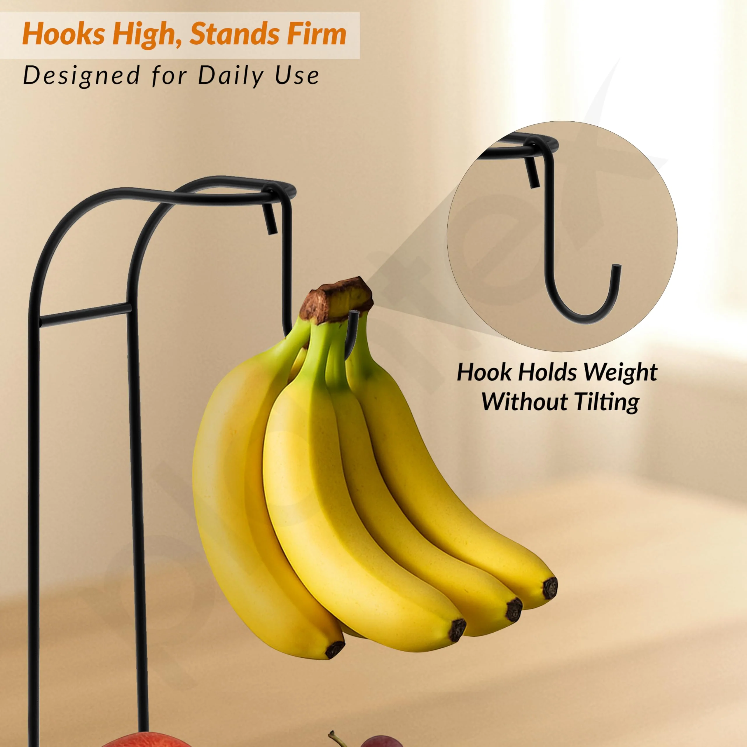 Plantex GI Steel Fruit Bowl with Banana Hanger/Banana Stand For Kitchen/ 2-in-1 Fruit Basket with Banana Hook (Colour- Black) - Image 6