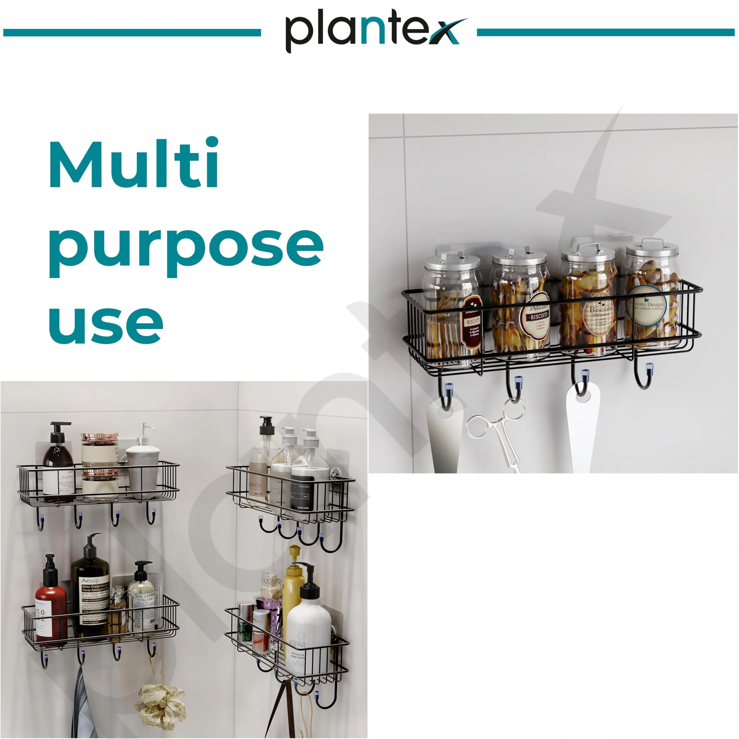 Plantex GI Steel Self Adhesive Bathroom Shelf & Rack/No Drill Wall Mount Bathroom Organiser with Hooks & Towel Hanger/Kitchen Hanging Shelf (Pack of 4-Black, Powder Coated) - Image 6
