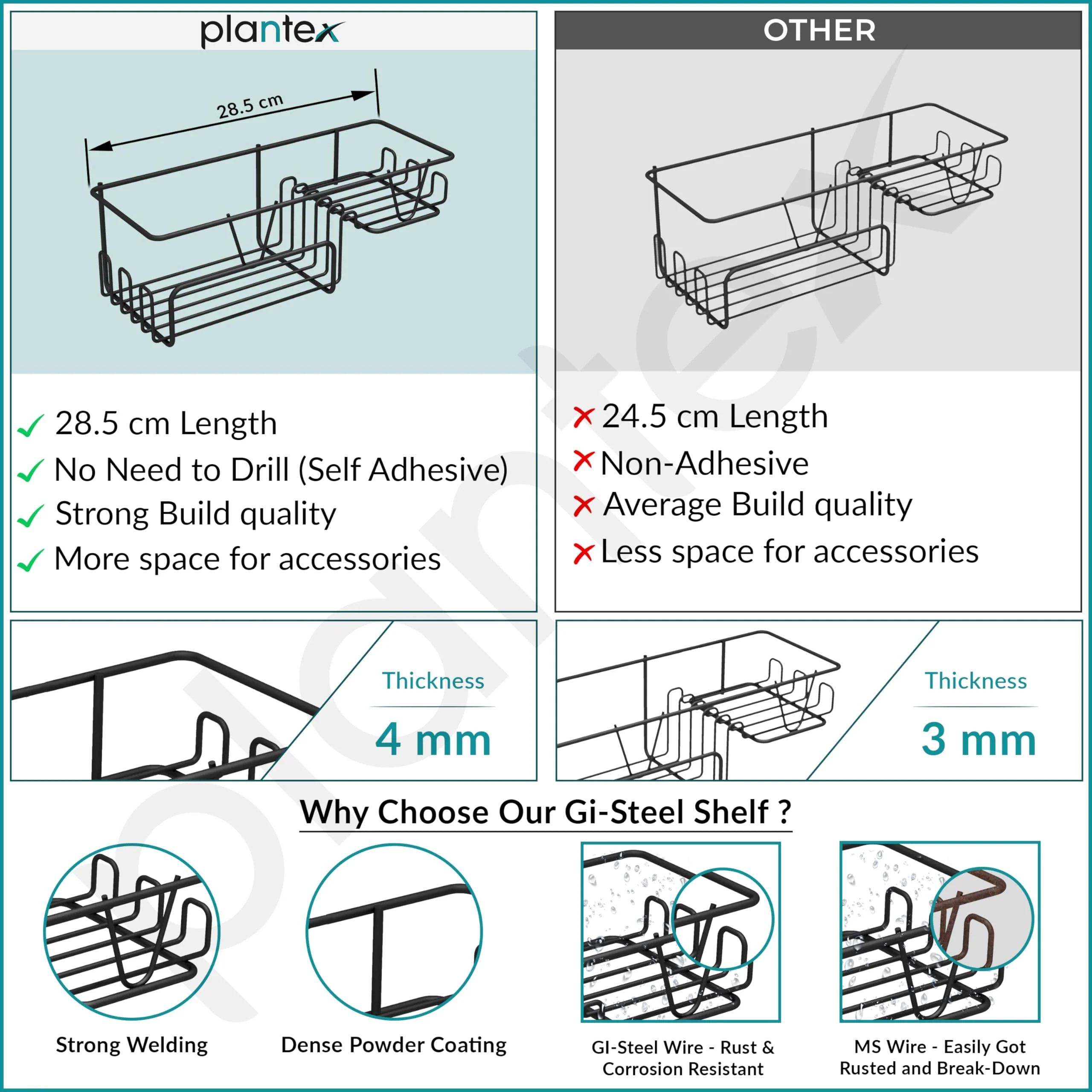 Plantex GI Steel Self Adhesive Soap Holder/Wall Mounted Shelf for Bathroom with Side Hooks to Hang Loofah for Bathing/Bathroom Accessories - Black, Powder Coated (Pack of 3) - Image 4