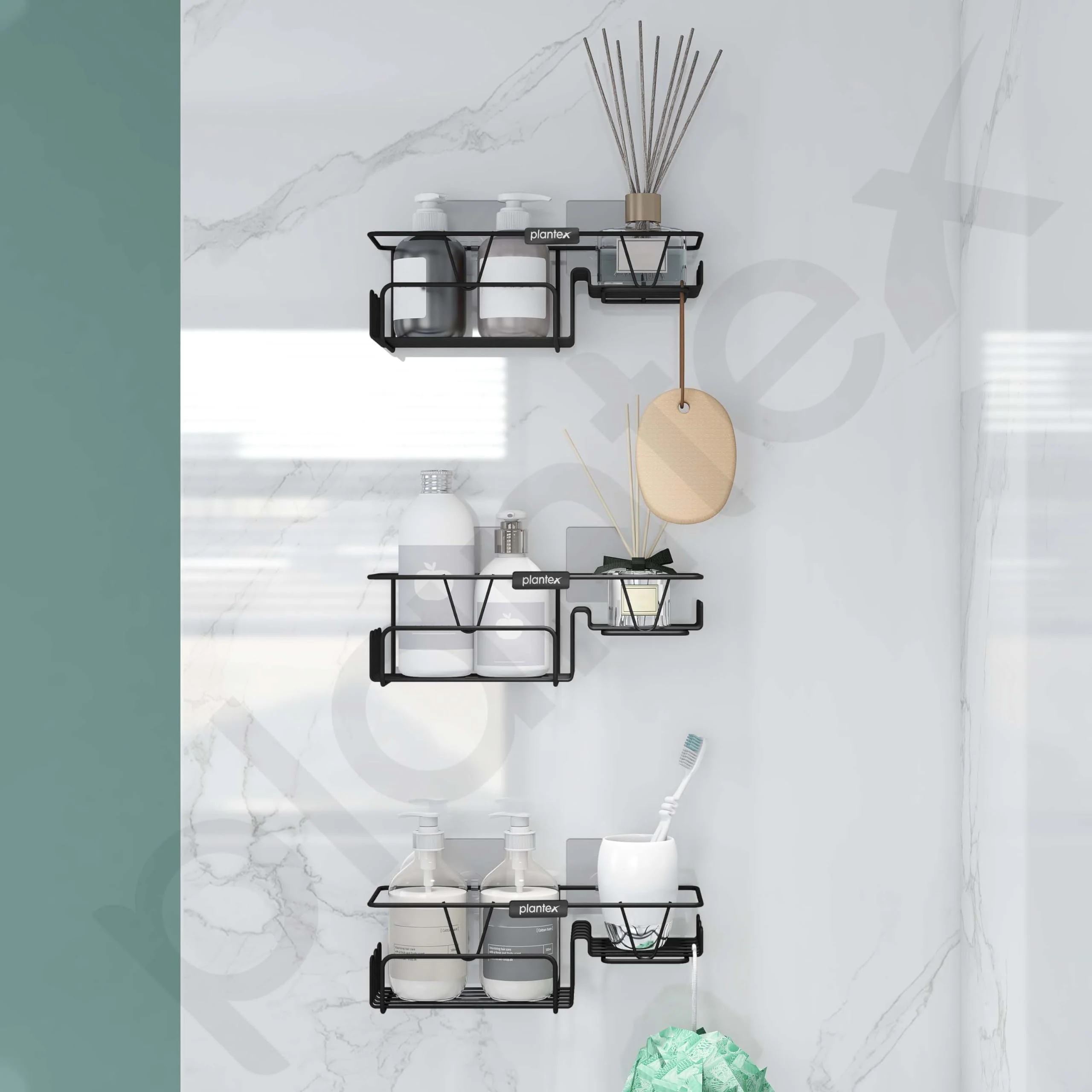 Plantex GI Steel Self Adhesive Soap Holder/Wall Mounted Shelf for Bathroom with Side Hooks to Hang Loofah for Bathing/Bathroom Accessories - Black, Powder Coated (Pack of 3) - Image 7