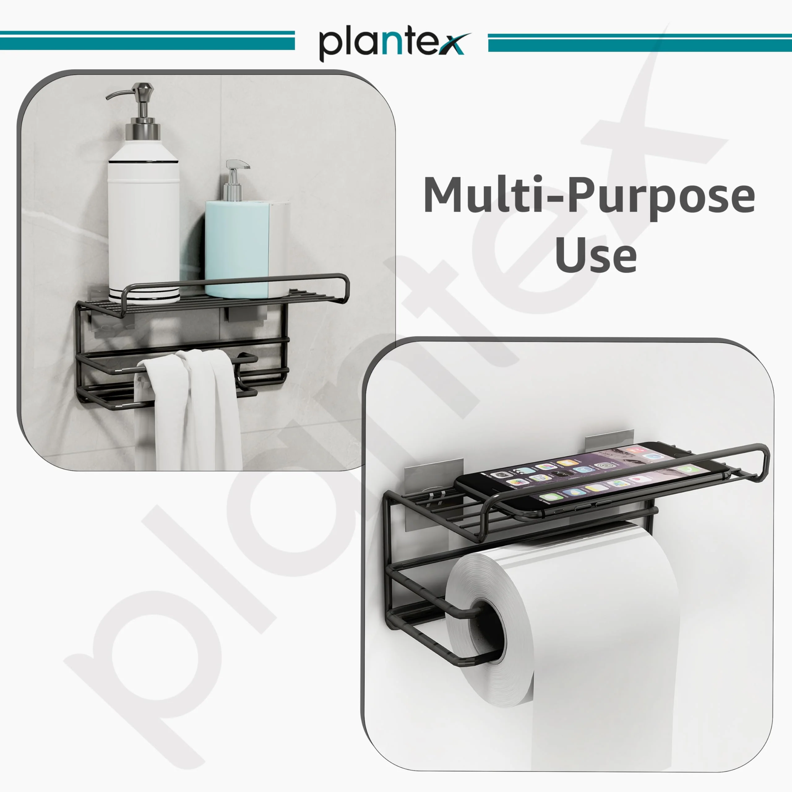 Plantex GI Steel Self Adhesive Toilet Paper Holder/Tissue Paper Roll Holder with Mobile Stand/Towel Bar Hanger Storage Rack/Bathroom Accessories(Black) - Image 7