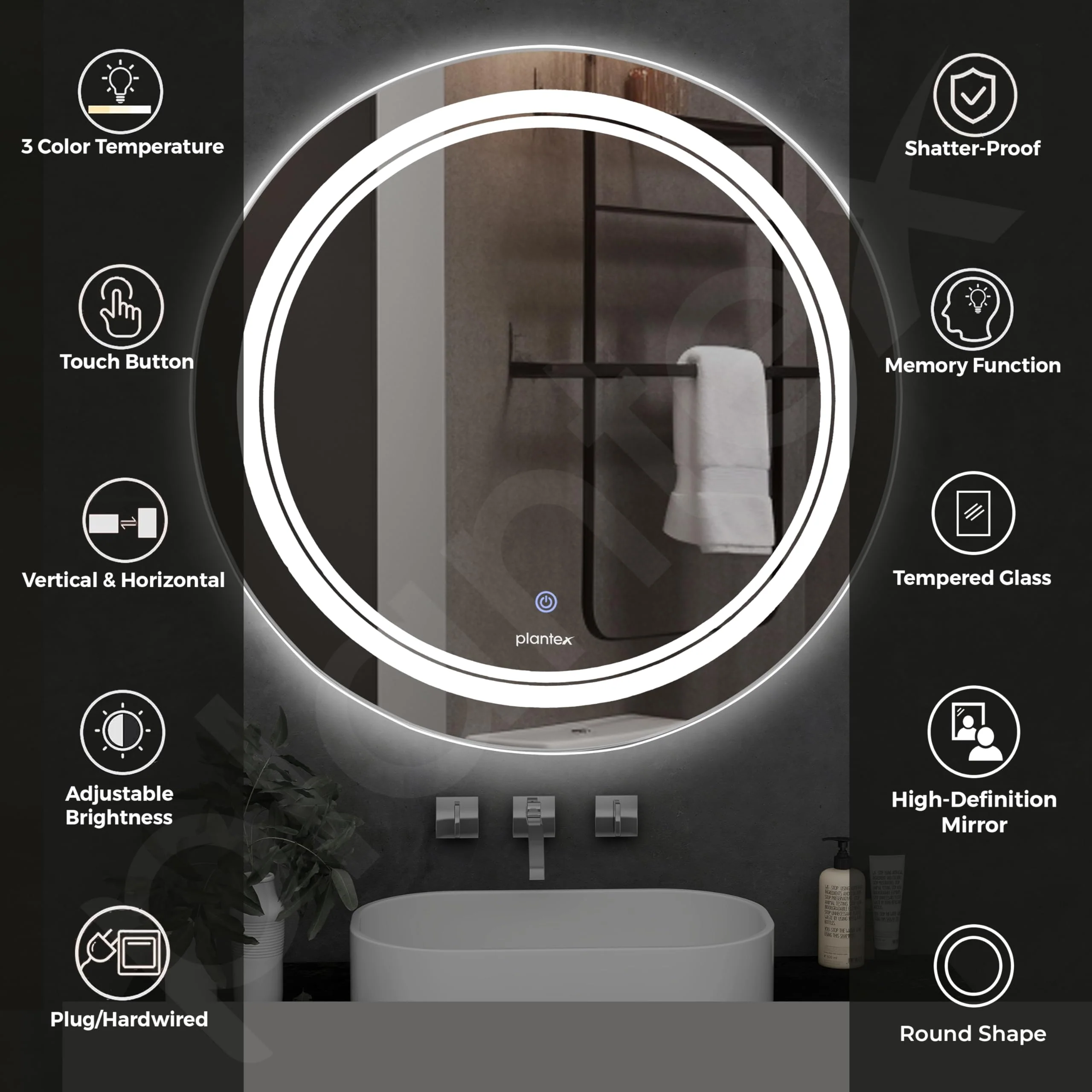 Plantex Glass Mirror With Light With 3 Tone/Touch Wall Mount Mirror For Bedroom/Dressing Room/Living Room - Round Shape (24 Inch), White - Image 4