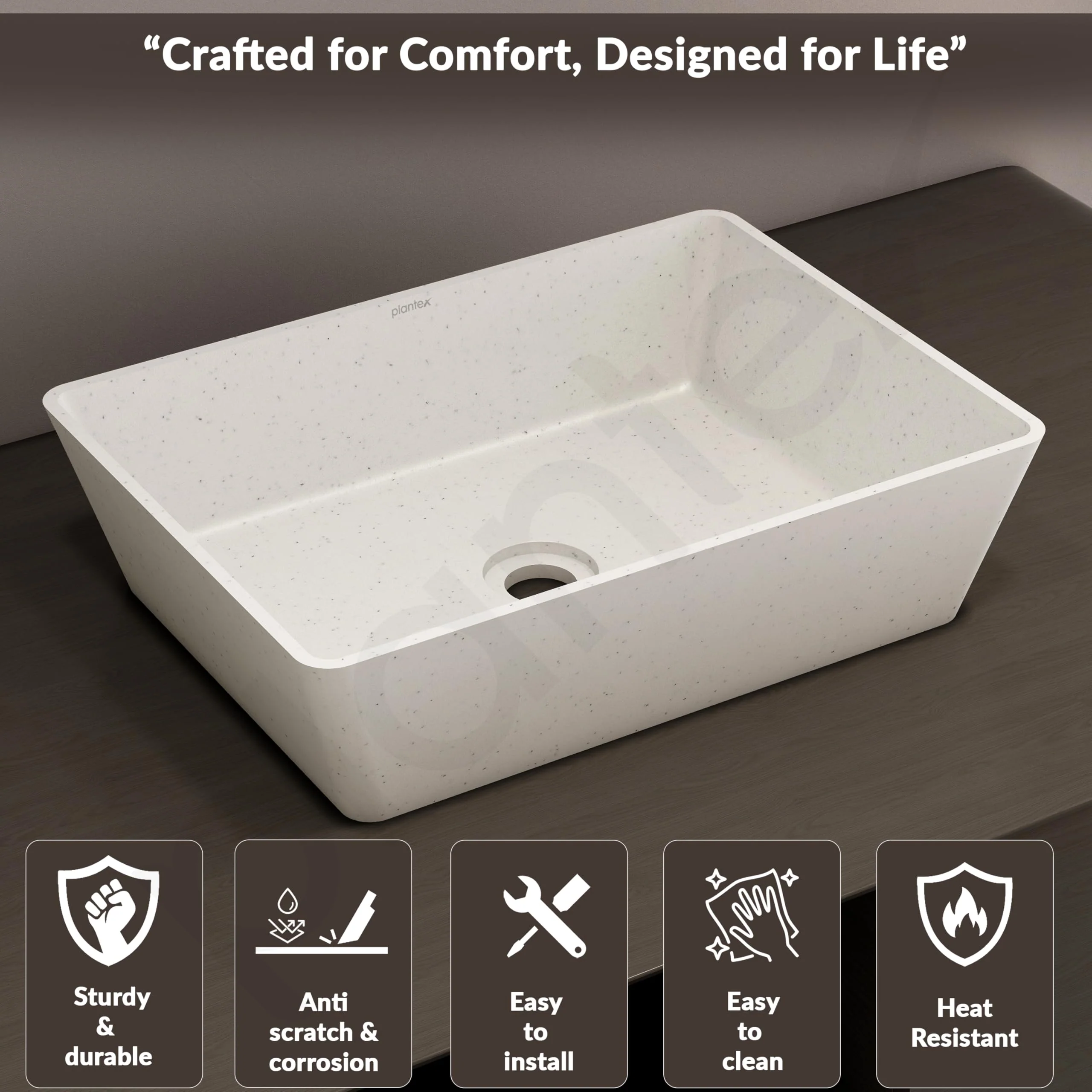 Plantex Granite Quartz Counter Top WashBasin for Bathroom/Rectangle Tabletop Wash Basin/Vessel Sink Wash Basin Over Counter for Home/Restaurant (Grey Stone - 18 x 13 x 5 Inch) - Image 2