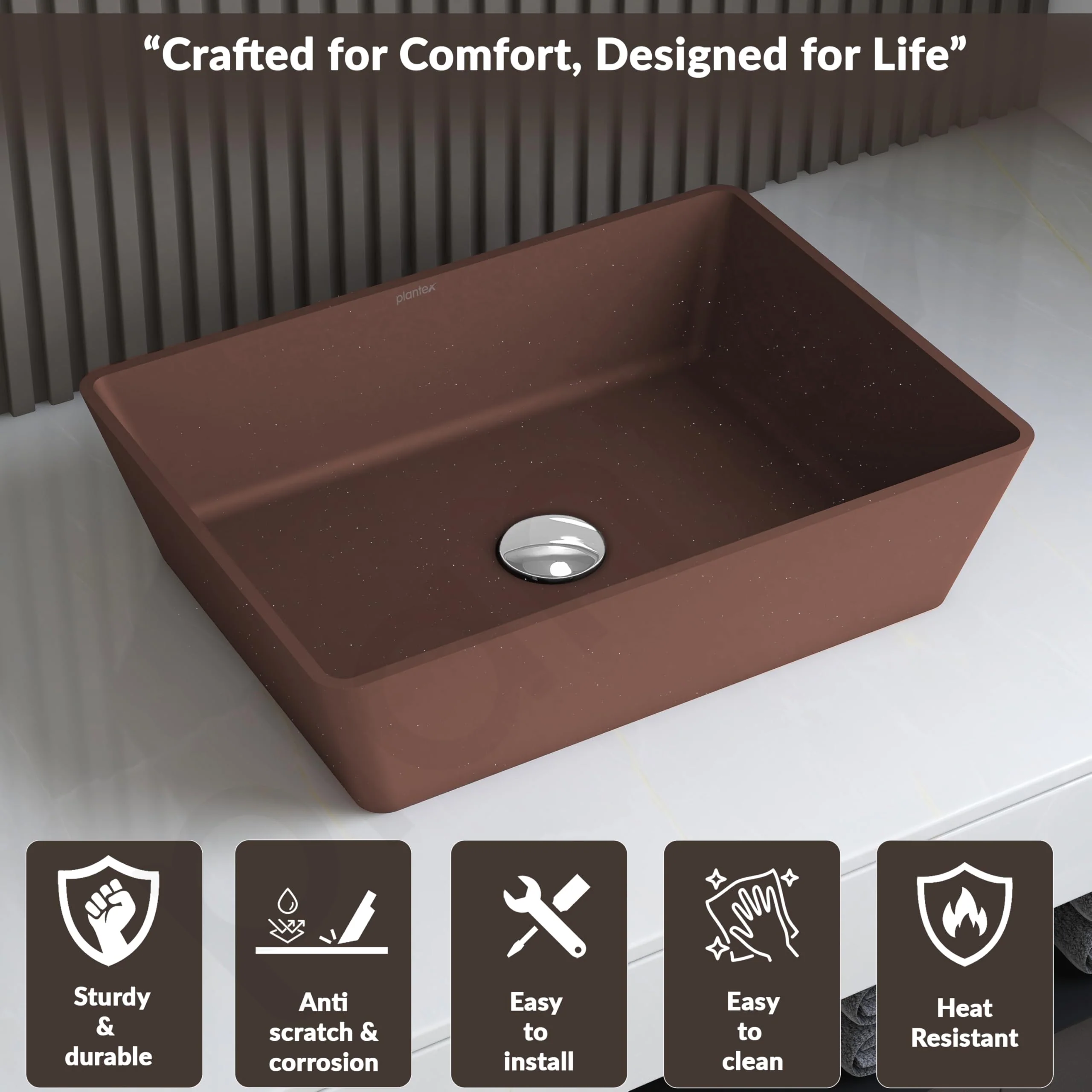 Plantex Granite Quartz Counter Top WashBasin/Rectangle Tabletop Wash Basin/Vessel Sink Wash Basin Over Counter for Home/Restaurant (Brown - 18 x 13 x 5 Inch) - Image 2