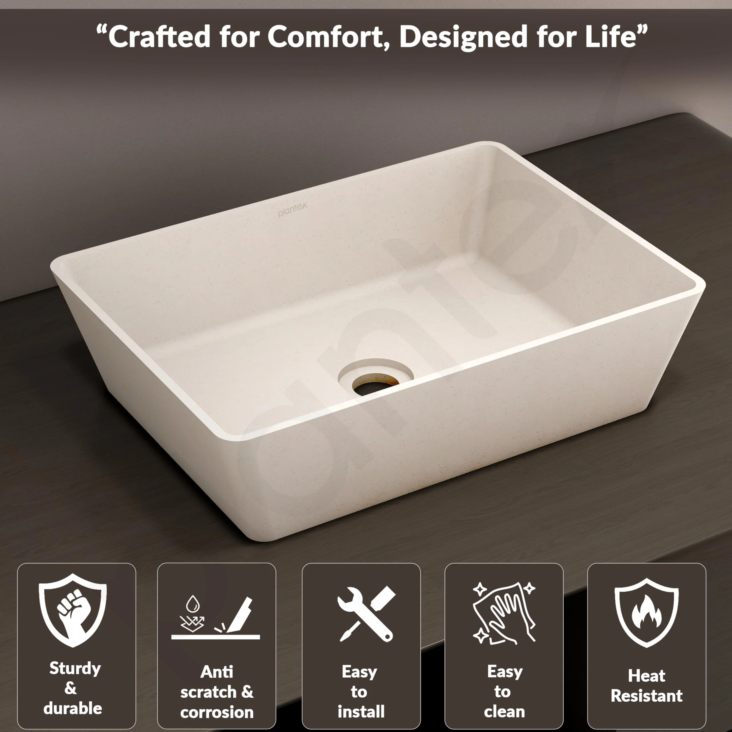 Plantex Granite Quartz Counter Top WashBasin/Rectangle Tabletop Wash Basin/Vessel Sink Wash Basin Over Counter for Home/Restaurant (Peach Ivory - 18 x 13 x 5 Inch) - Image 2