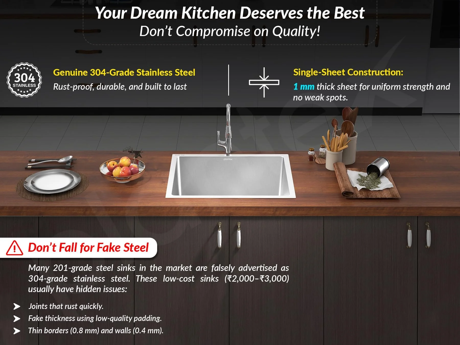 Plantex Guranteed Stainless Steel 304 Grade Kitchen Sink/Undermount Handmade Sink for Kitchen with 7 Years of Warranty by Plantex/Single Bowl Sink with All Fittings & Drying Rack(Matt - 16x18 Inches) - Image 2