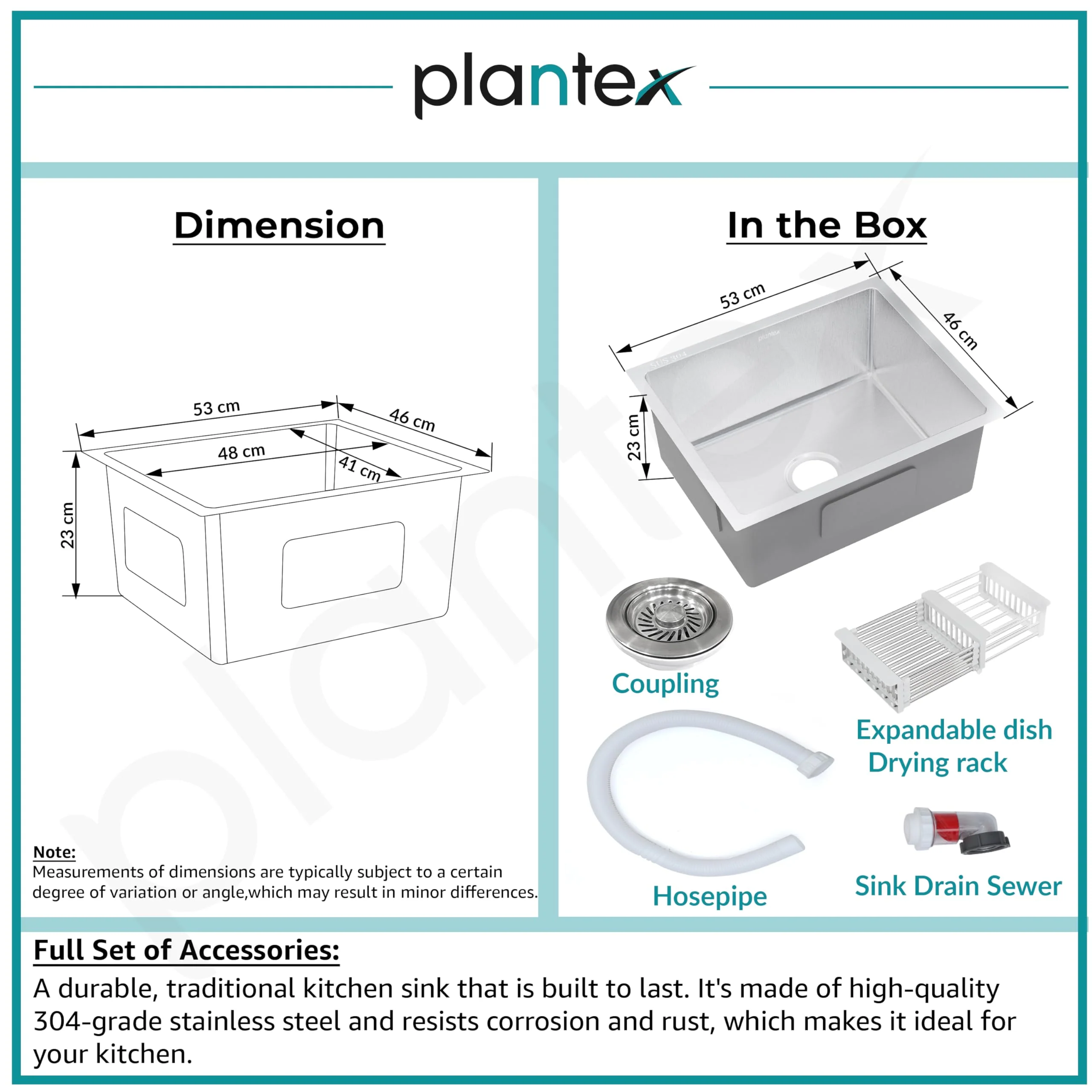 Plantex Guranteed Stainless Steel 304 Grade Kitchen Sink/Undermount Sink for Kitchen with 7 Years of Warranty by Plantex/Single Bowl Sink with Fittings & Drying Rack (Silver Matt - 21x18 Inches) - Image 6
