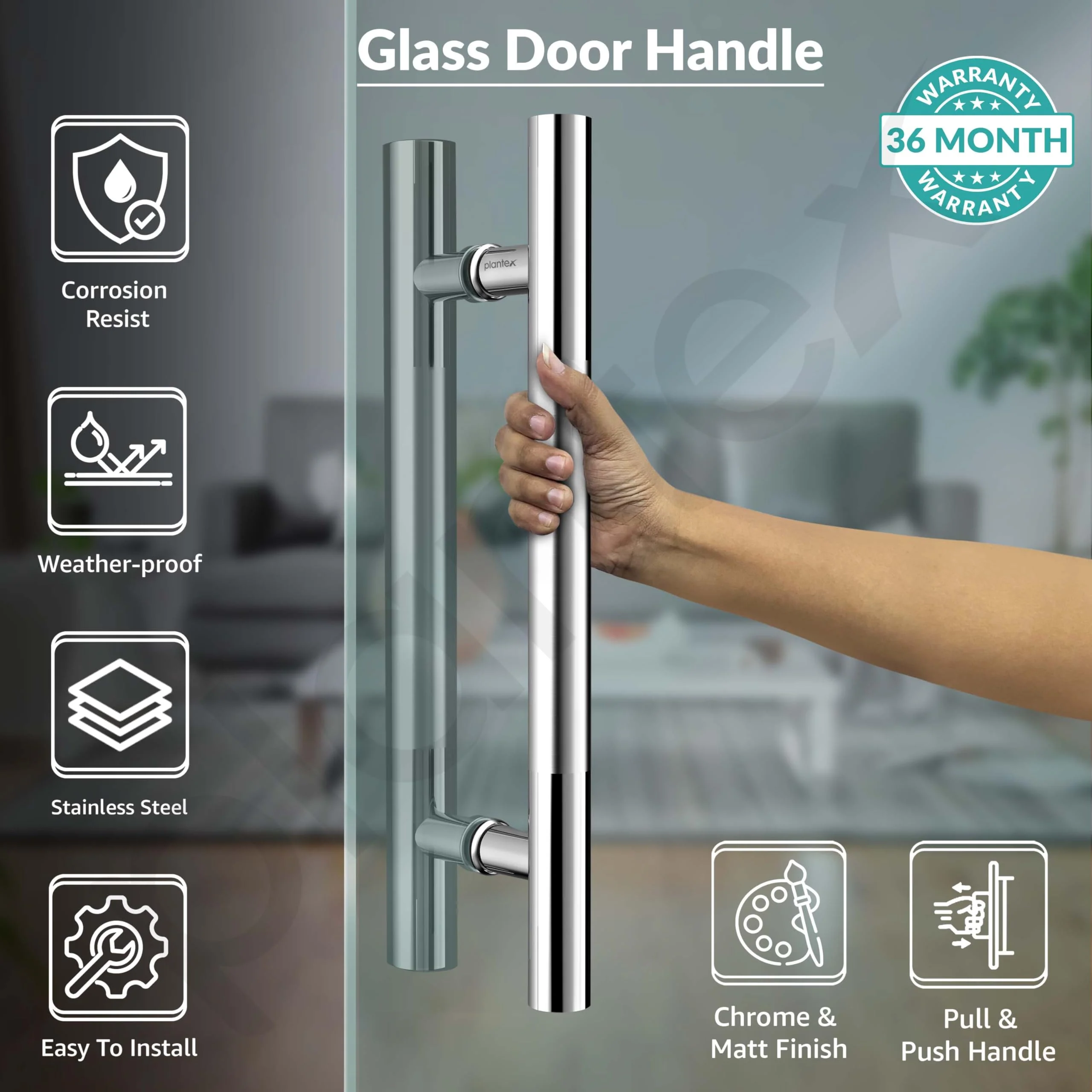 Plantex Manual Handle for Glass Door/Stainless Steel Main Door Handle/12 Inch Pull-Push Lock Handle Set of 1 (2 Piece, Chrome) - Image 2
