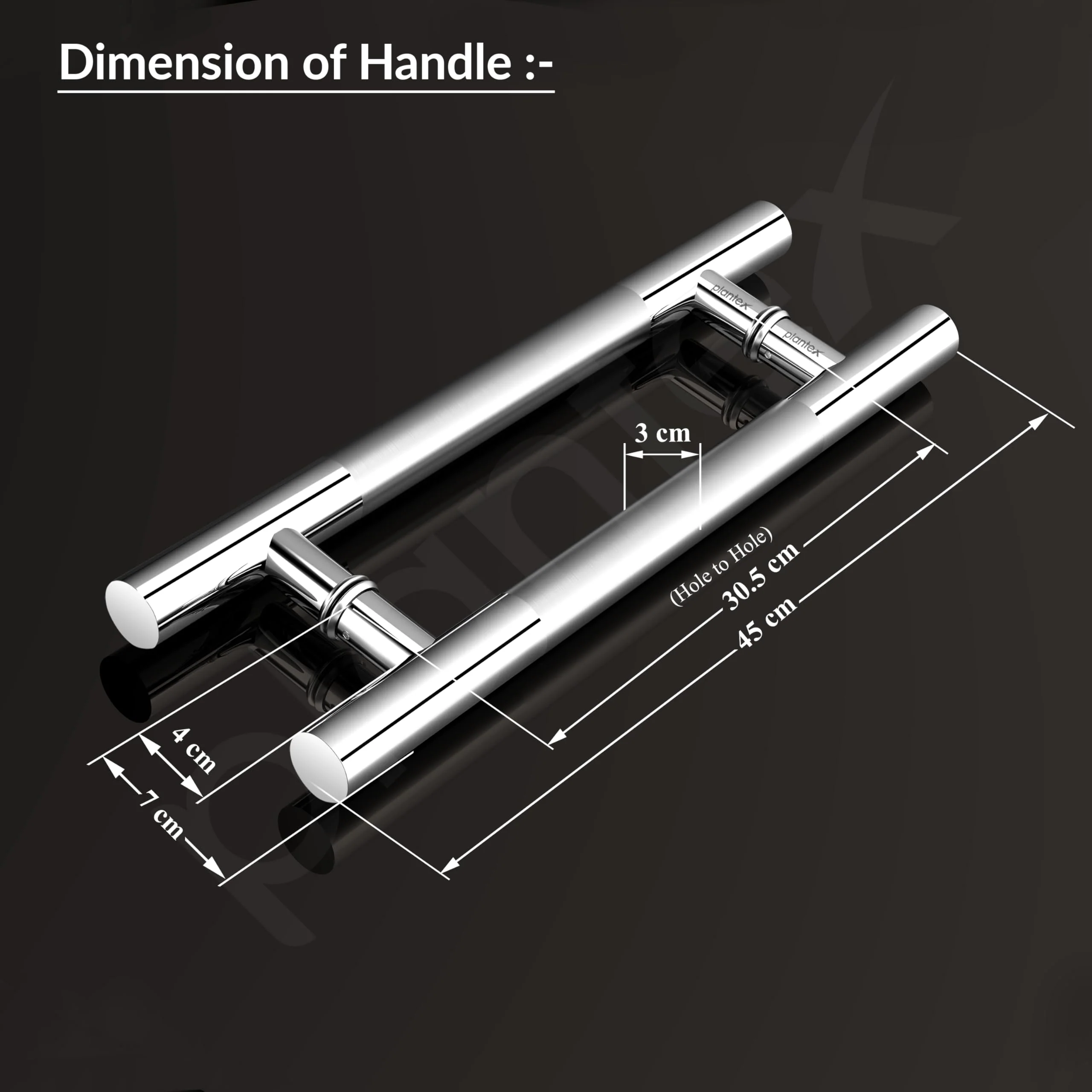 Plantex Manual Handle for Glass Door/Stainless Steel Main Door Handle/12 Inch Pull-Push Lock Handle Set of 1 (2 Piece, Chrome) - Image 3