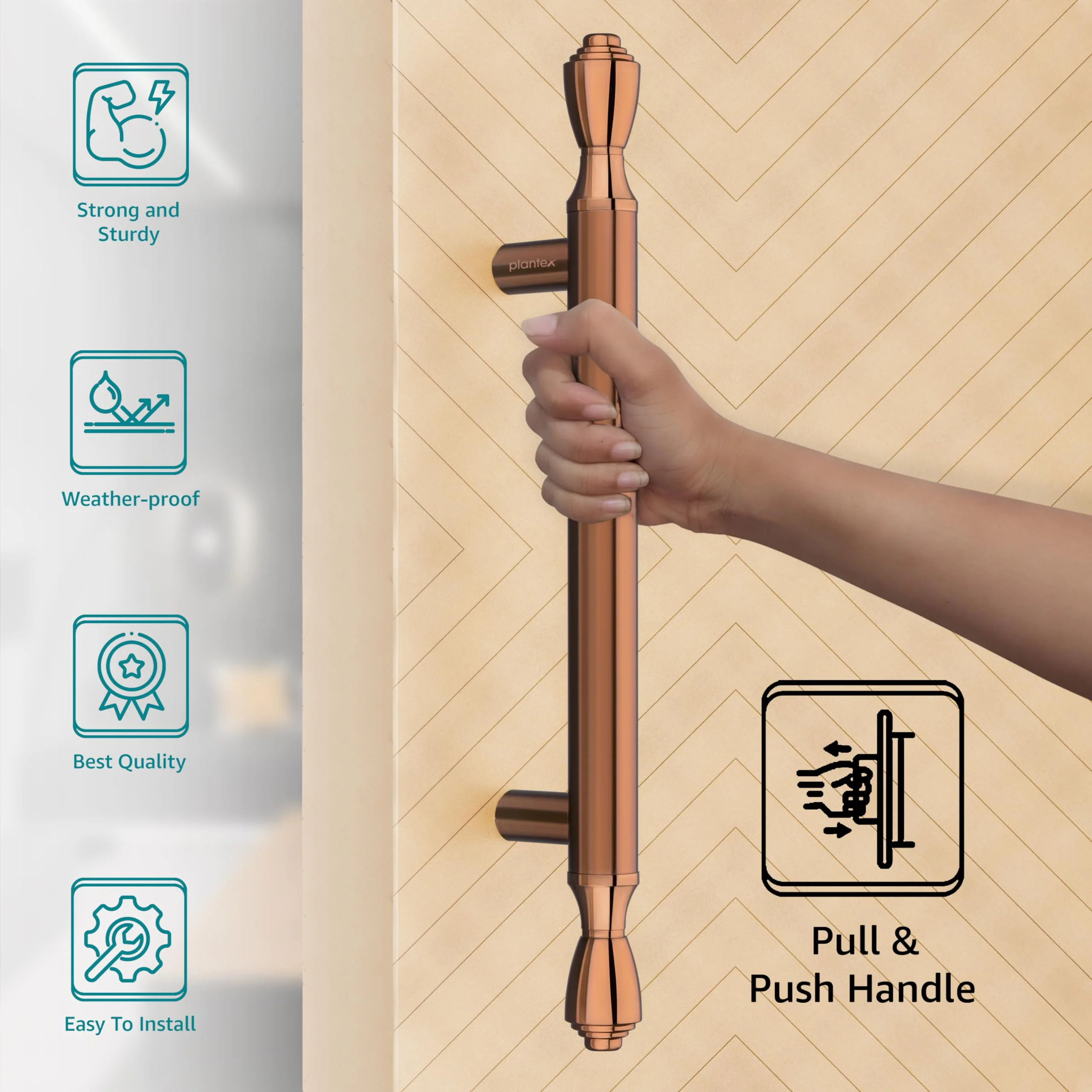 Plantex Heavy Duty 14 Inch Main Door Handle - Pull-Push for Wooden & Glass Doors - Pack of 1 (PVD Rose Gold) - 3 Years Warranty - Image 3