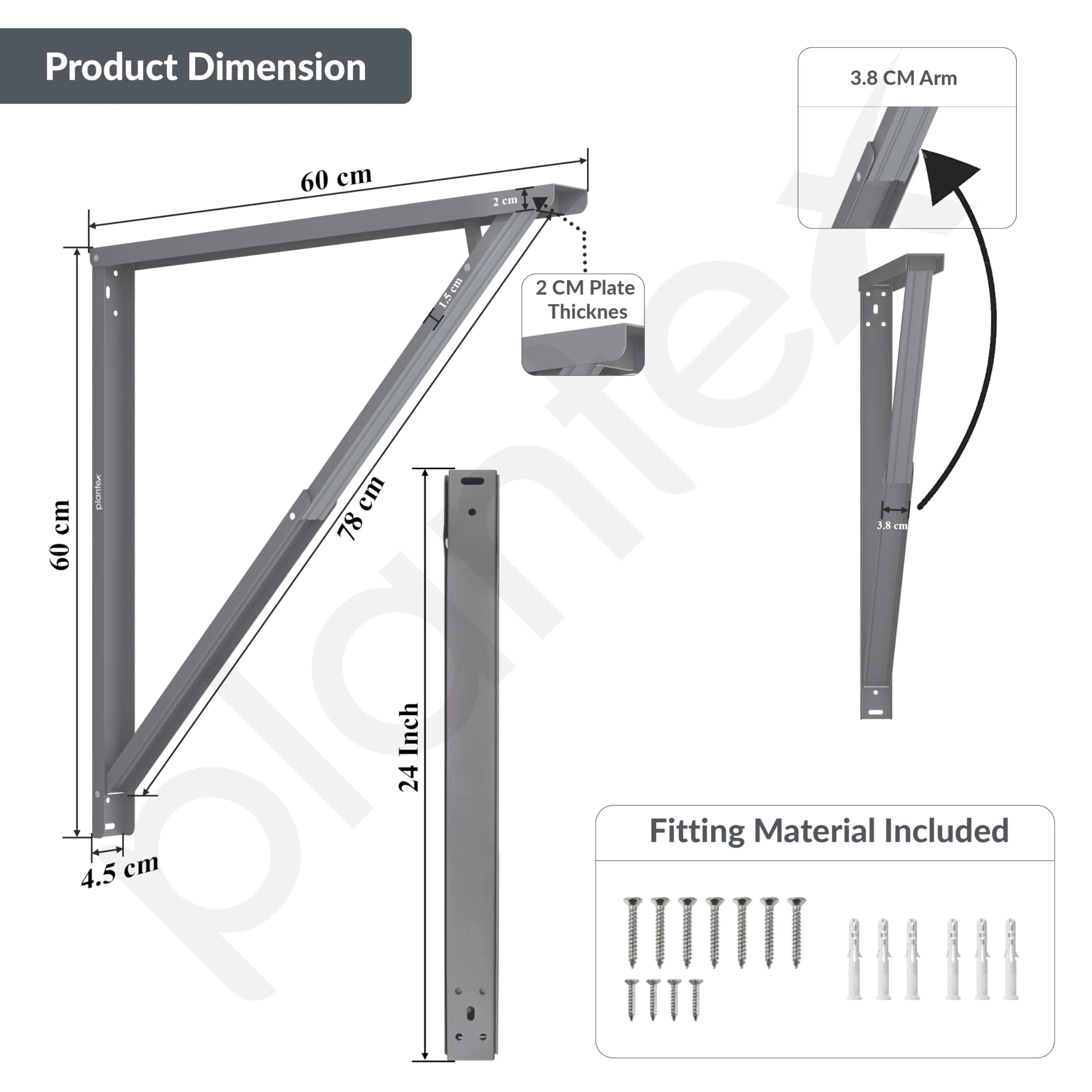 Plantex Heavy Duty 24 Inch Foldable Table Bracket/GI Steel Multipurpose Shelf Bracket/Space Saving Wall Bracket/Folding Bracket for Home & Office - Pair of 1 (Grey) - Image 2