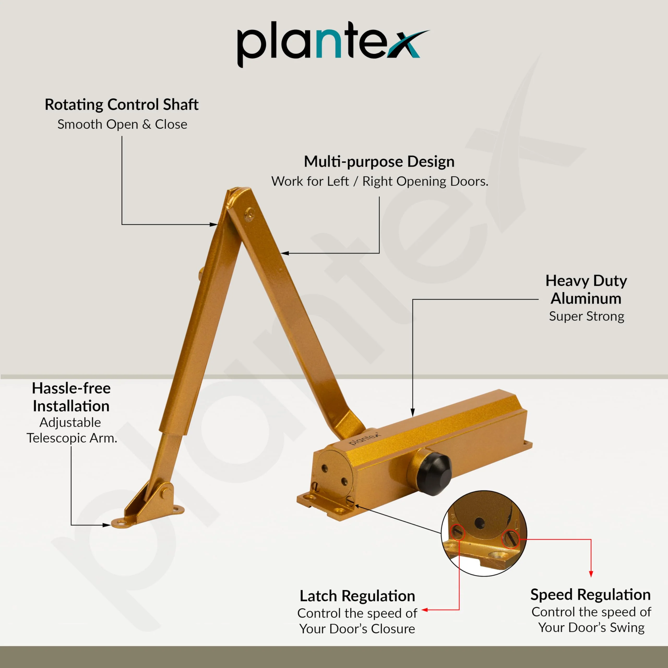 Plantex Heavy Duty Door Closer - Aluminium for Wooden Door/75kg Hydraulic - Home/Office/Hotel - 180 Degree Opening (ISO 9001 Certified) - Golden - Image 3