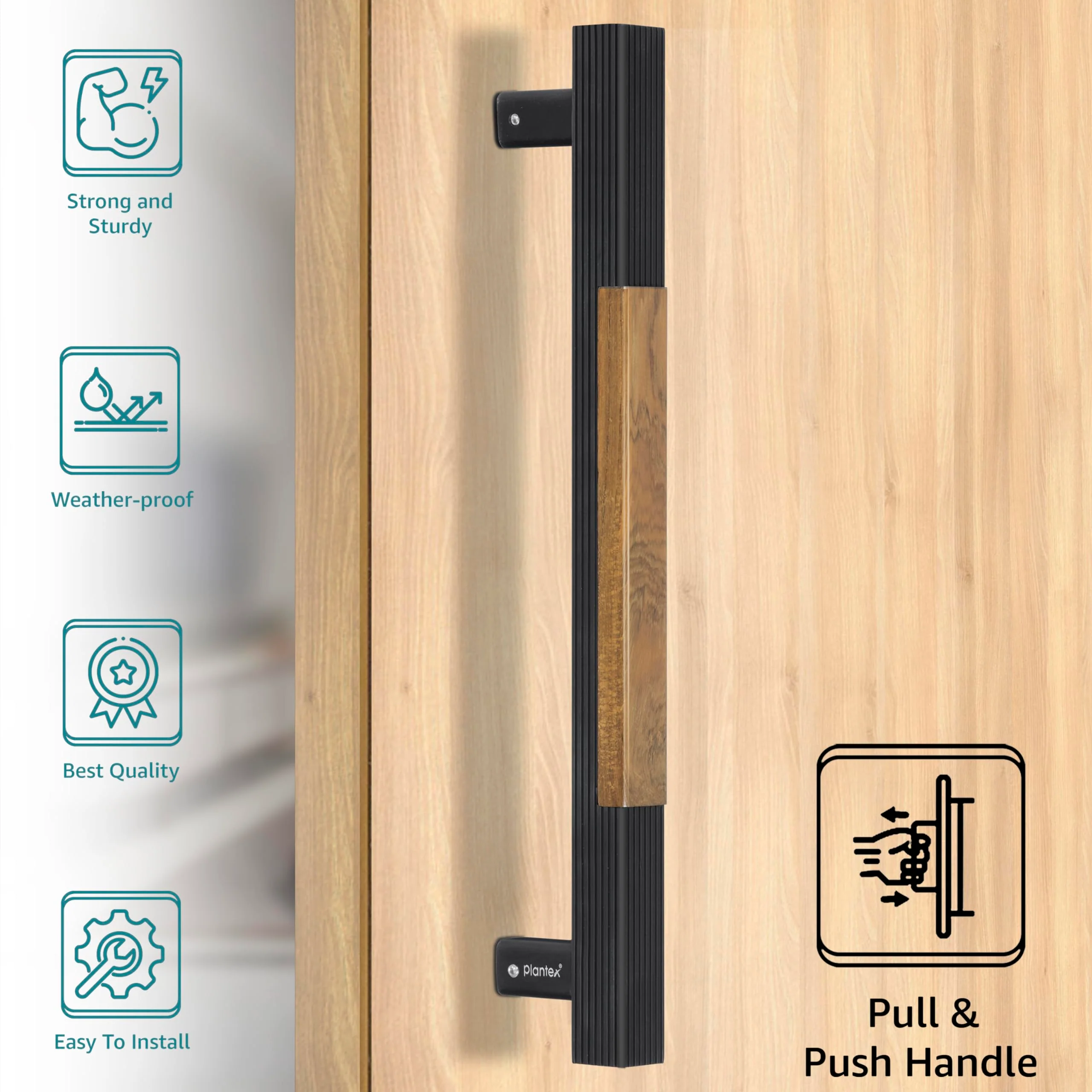 Plantex Heavy Duty Door Handle for Main Door/14 inch Main Door Handle/Pull Push Handle for Home/Hotel/Office Door - Pack of 1 (Black & Wood Finish) - 3 Years Warranty - Image 2