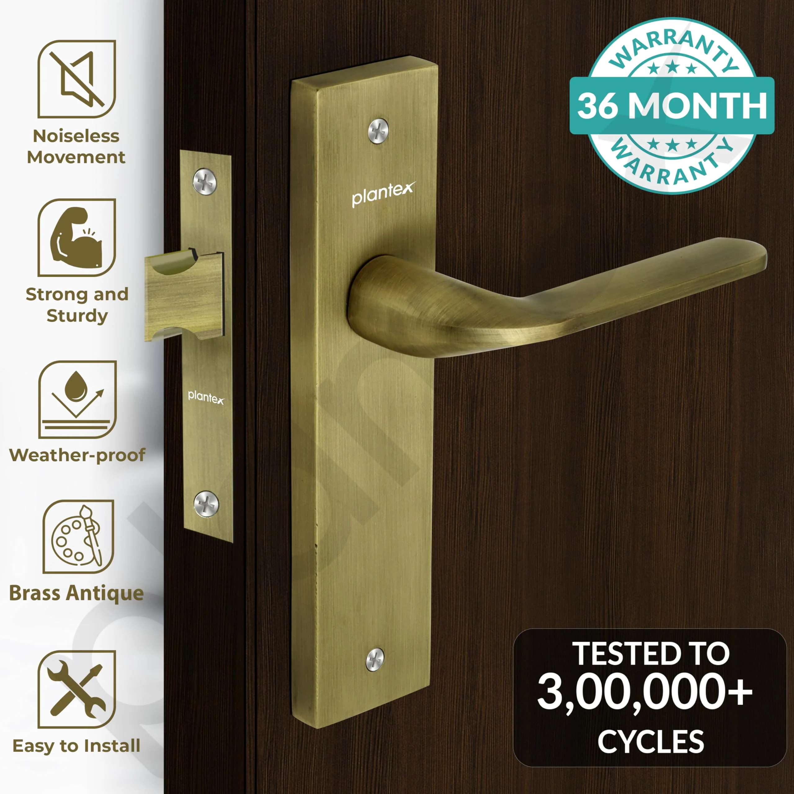 Plantex Heavy Duty Door Lock – Bathroom Door Lock/Mortise 8inch Keyless Plate Handle Set for Home/Bathroom/Store Room/Balcony/Office with Baby Latch (8060, Brass Antique) - Image 2