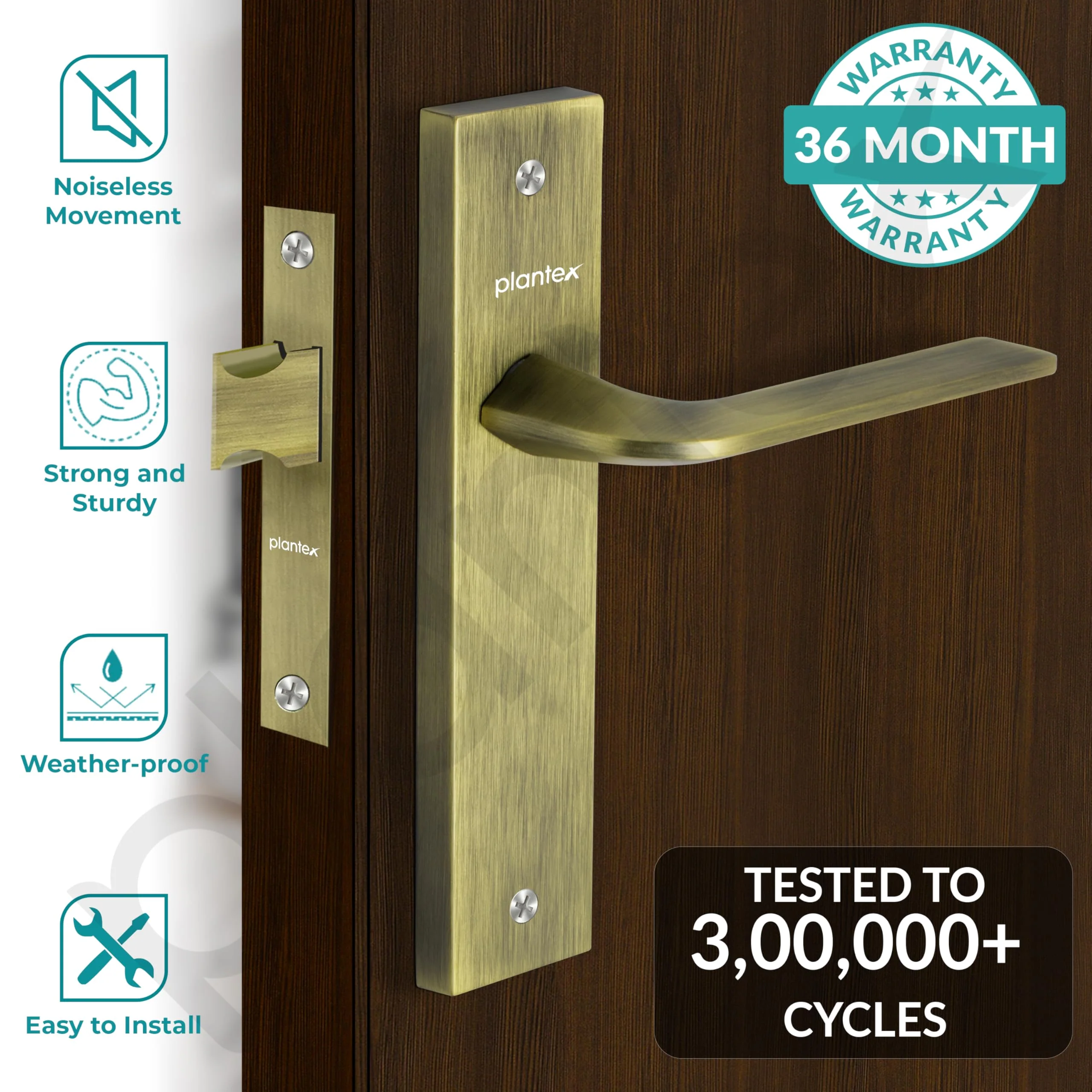 Plantex Heavy Duty Door Lock – Bathroom Door Lock/Mortise 8inch Keyless Plate Handle Set for Home/Bathroom/Store Room/Balcony/Office with Baby Latch (8105, Brass Antique) - Image 2